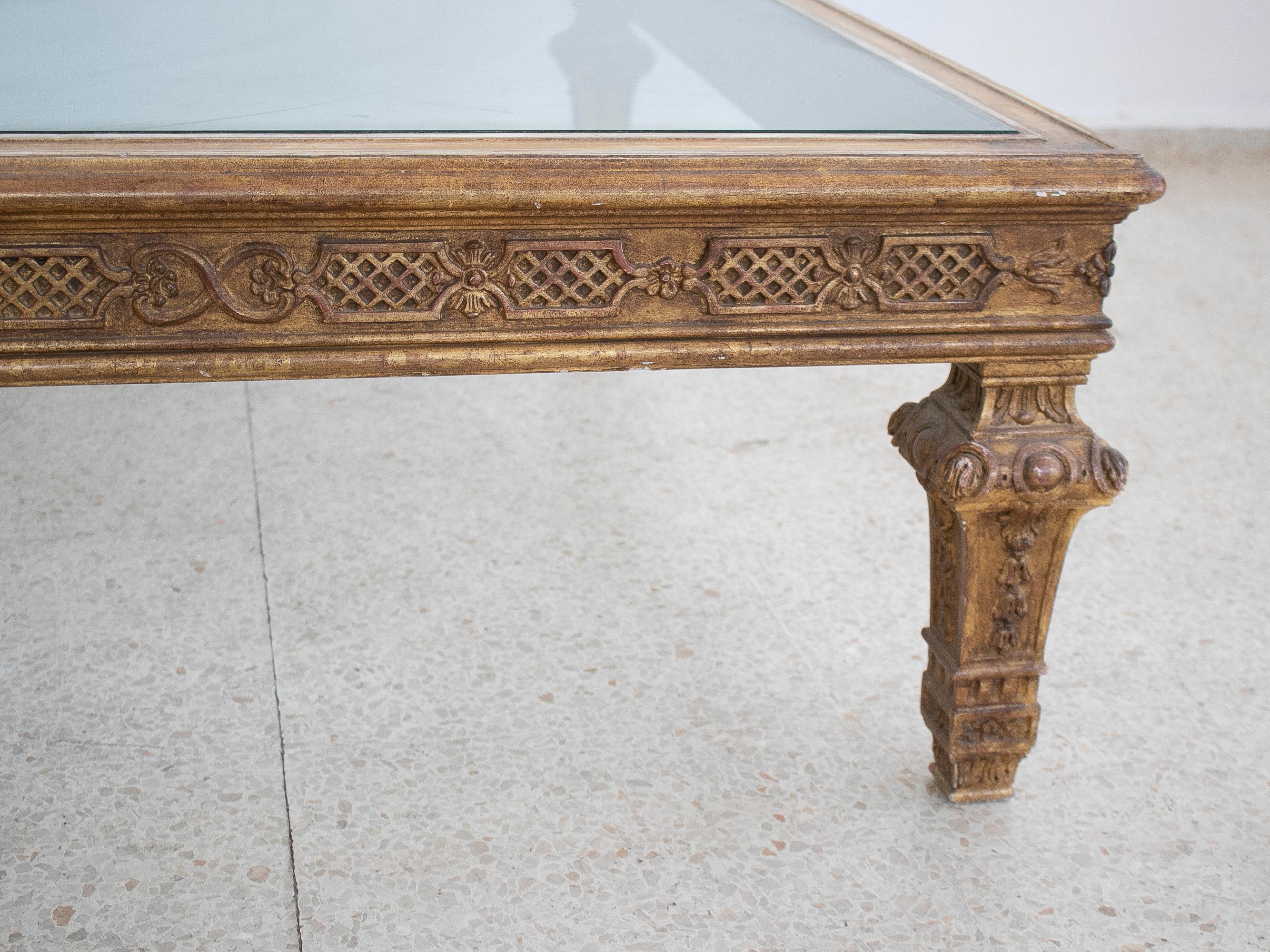 1970s French Giltwood Coffee Table w/ Glass Top For Sale 1