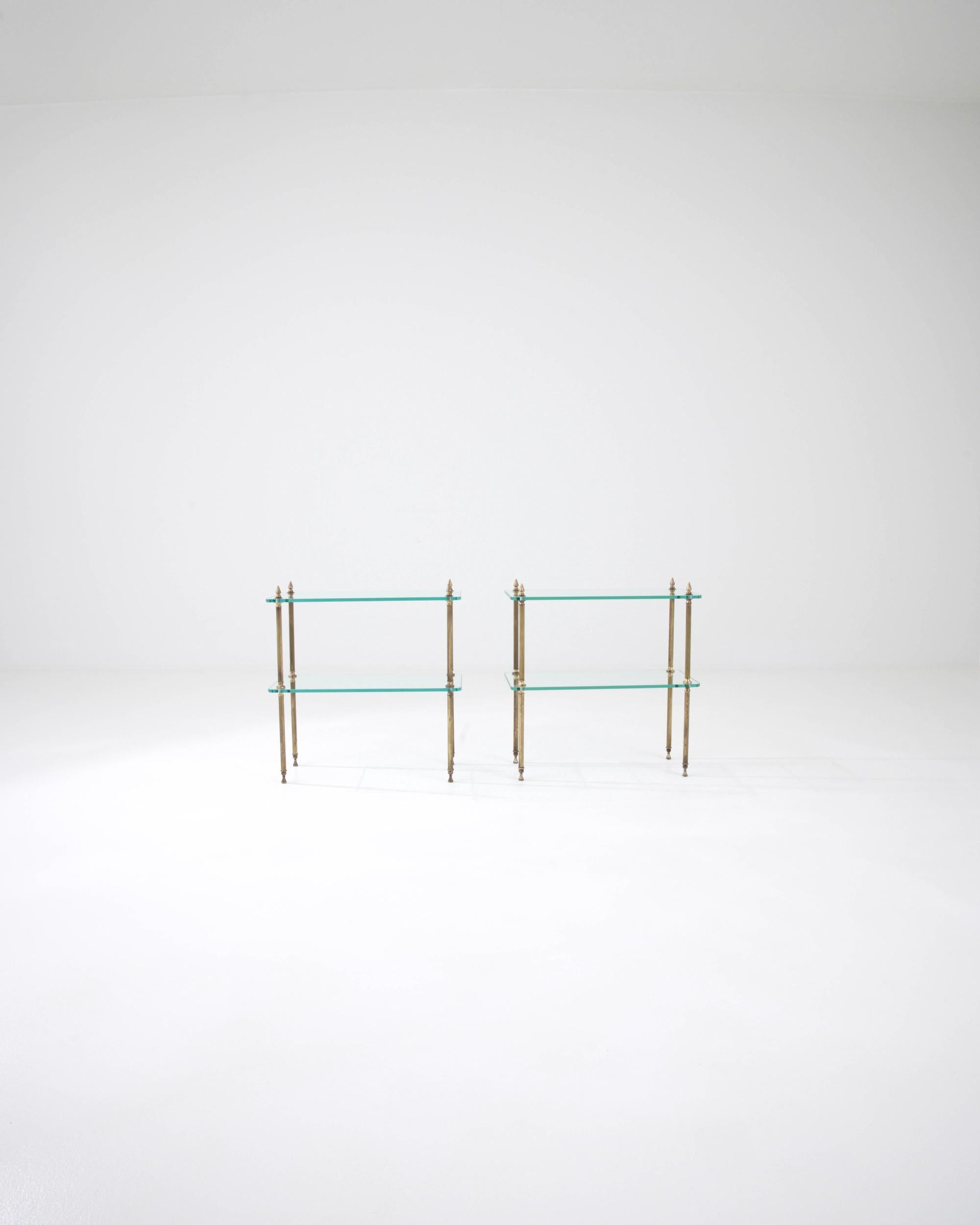 Brass 1970s French Glass Side Tables, A Pair For Sale