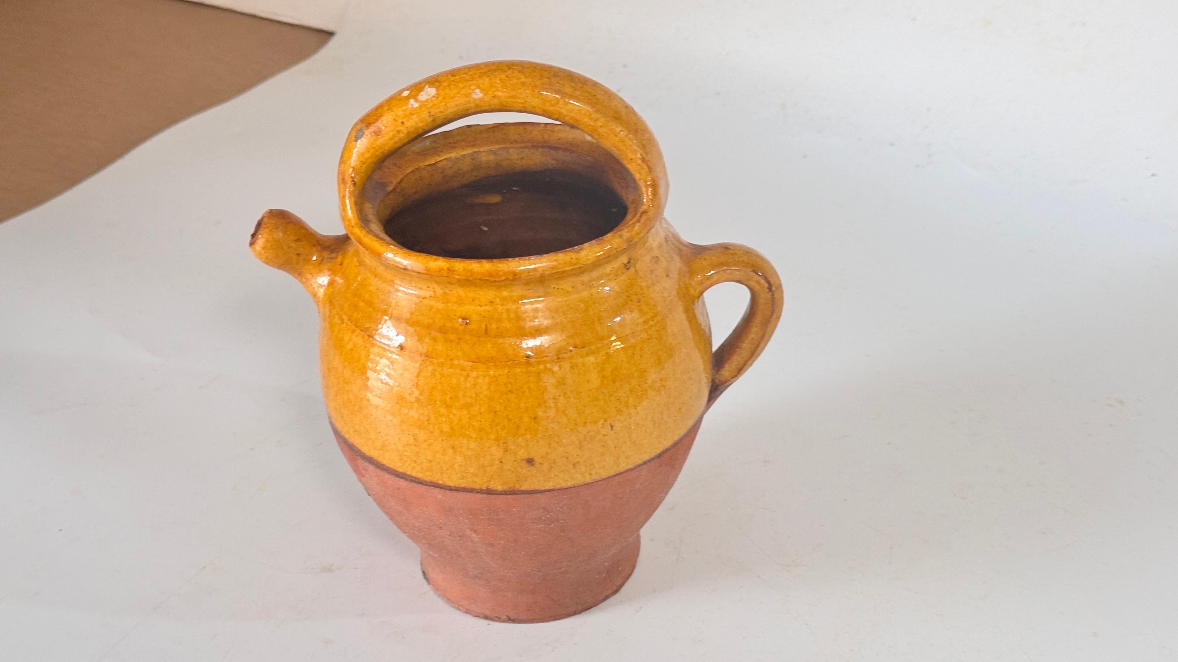 French Provincial 1970s French Glazed Pottery Jar Yellow &Natural Terracotta French Provencial For Sale