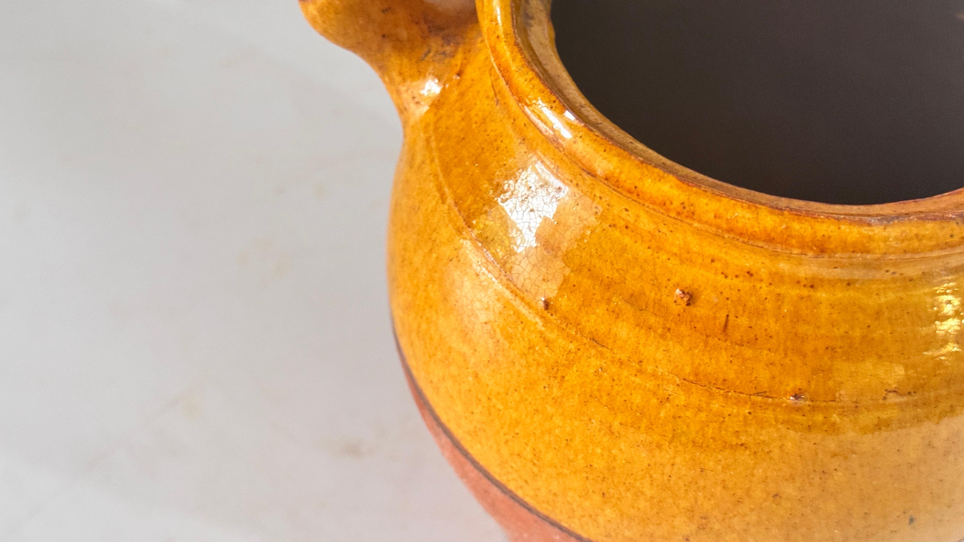 Earthenware 1970s French Glazed Pottery Jar Yellow &Natural Terracotta French Provencial For Sale