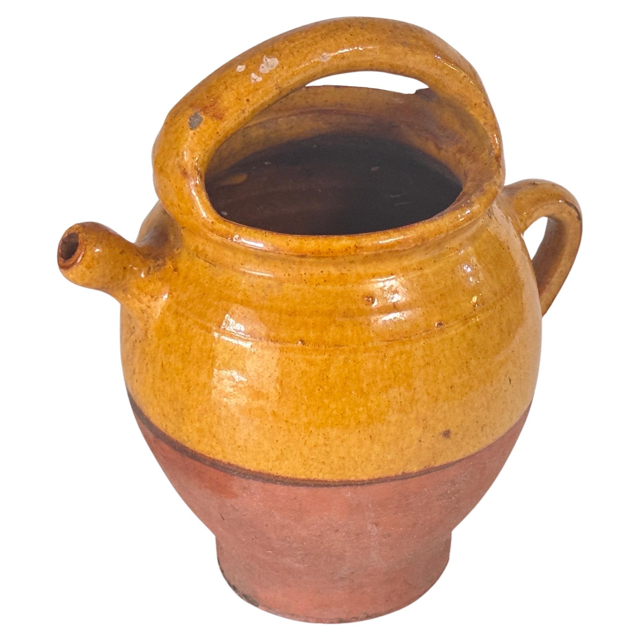 1970s French Glazed Pottery Jar Yellow &Natural Terracotta French Provencial