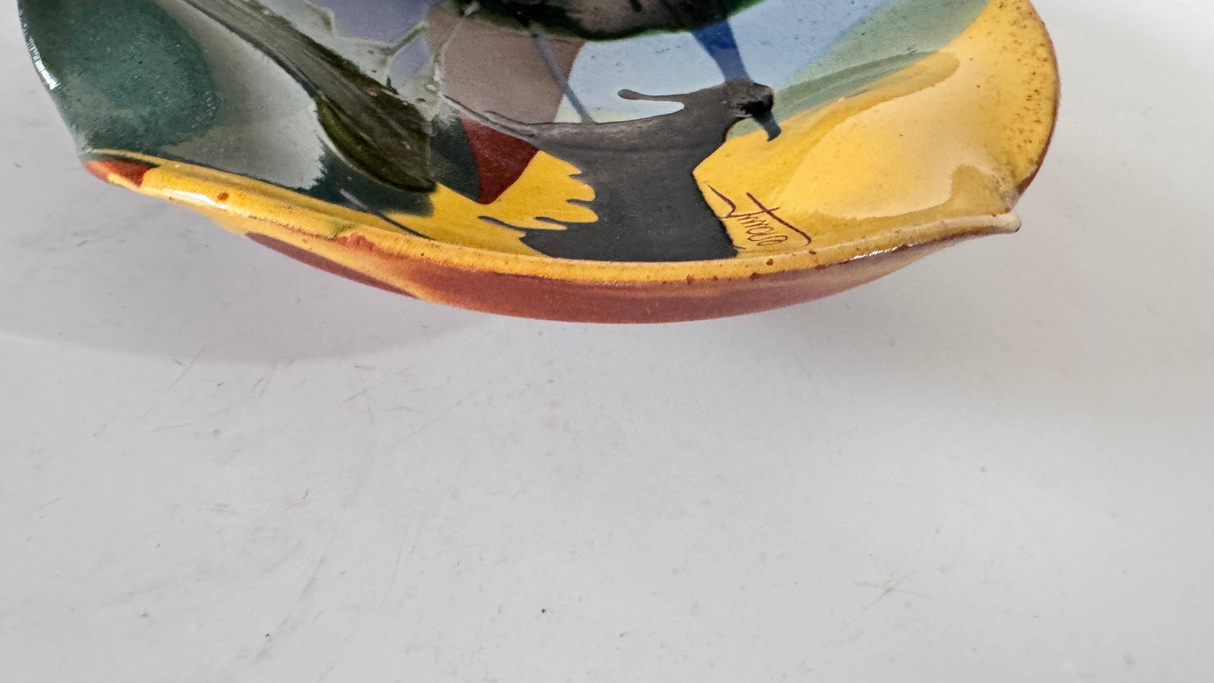1970s French Glazed Pottery Platter with Bull Motif, Vibrant Southern Colors For Sale 7