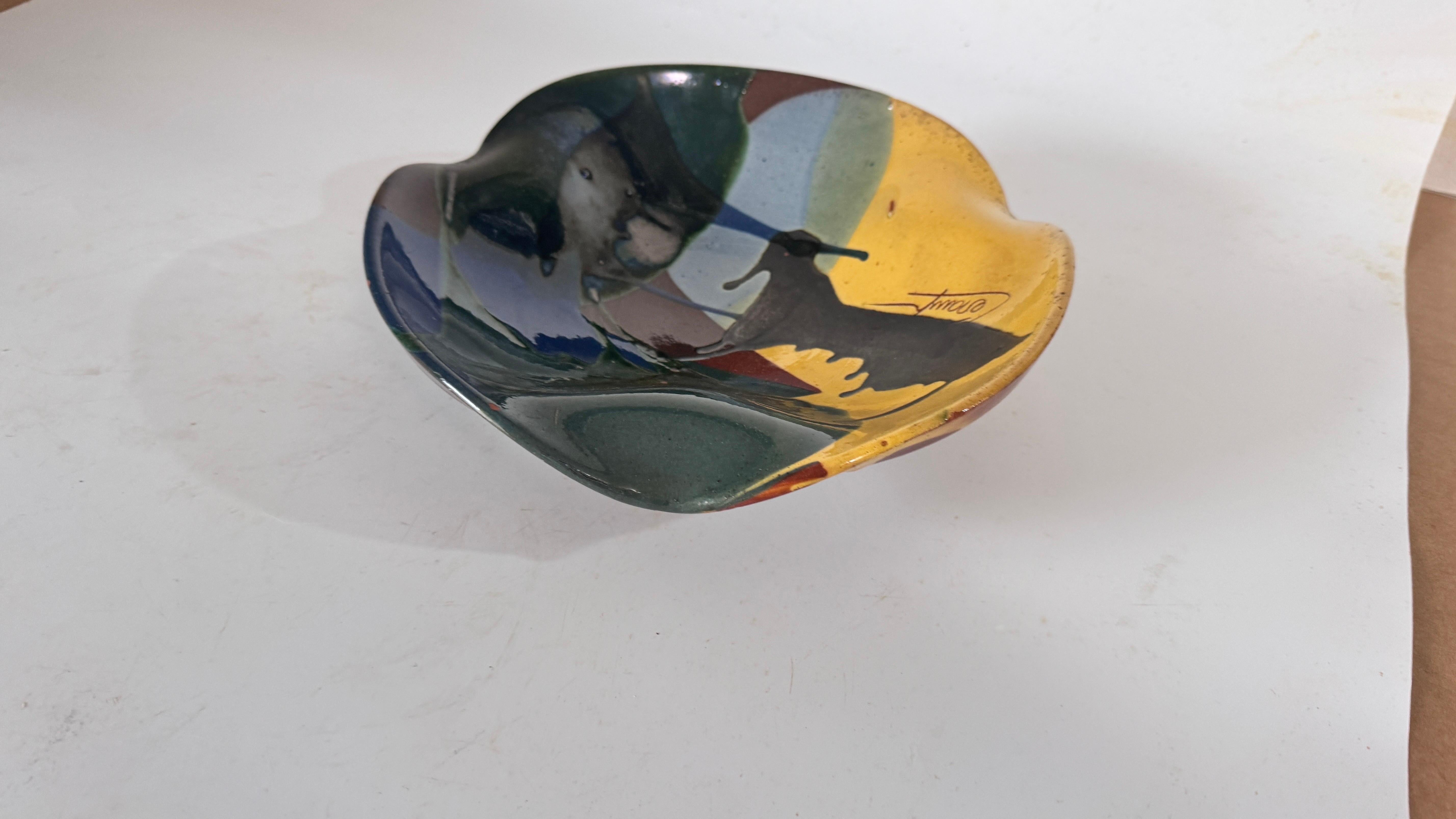 Mid-Century Modern 1970s French Glazed Pottery Platter with Bull Motif, Vibrant Southern Colors For Sale