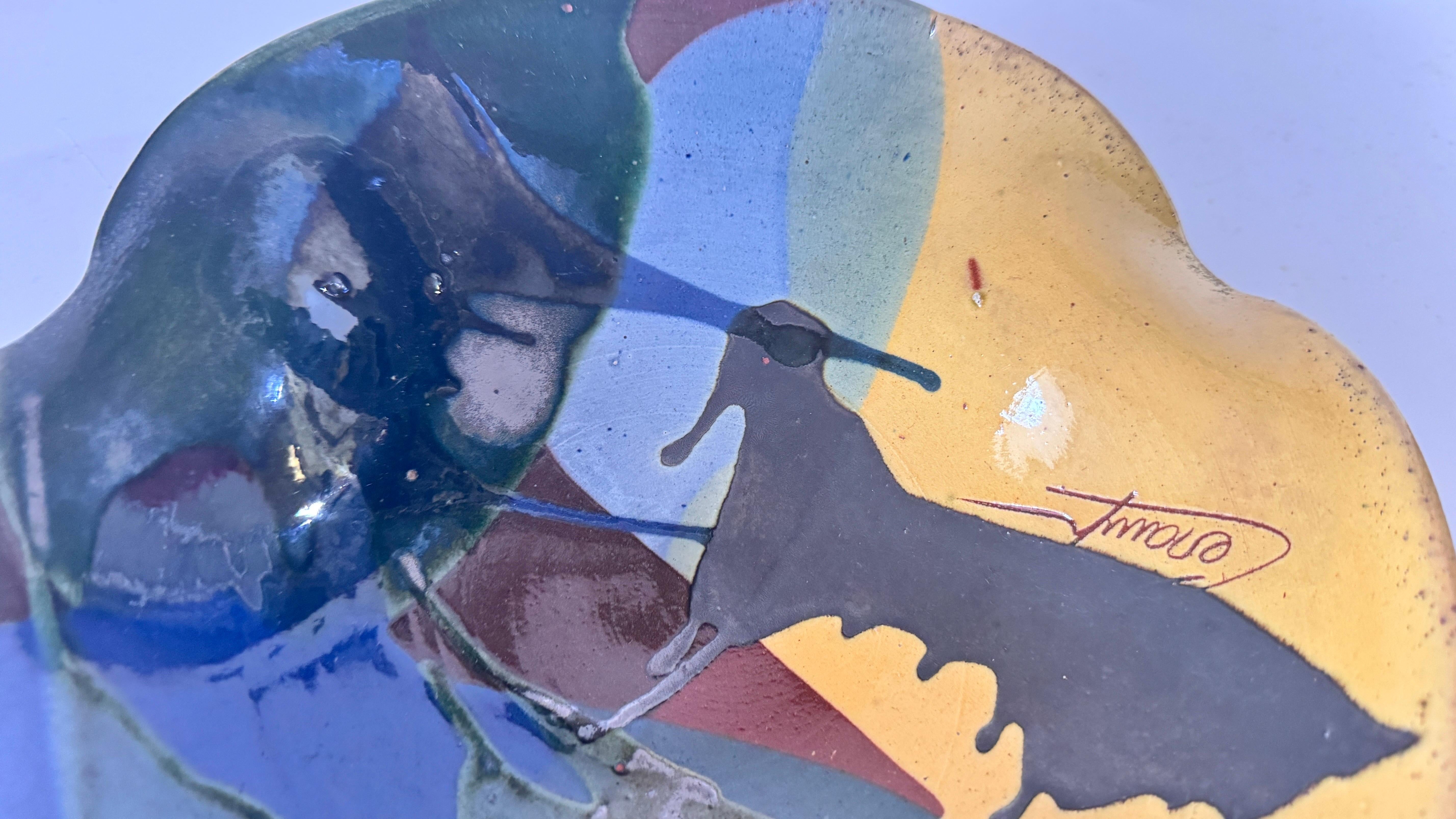 1970s French Glazed Pottery Platter with Bull Motif, Vibrant Southern Colors For Sale 4