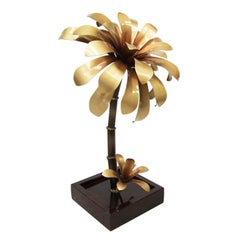 1970s French Gold Palm Sculptural Flower Table Lamp