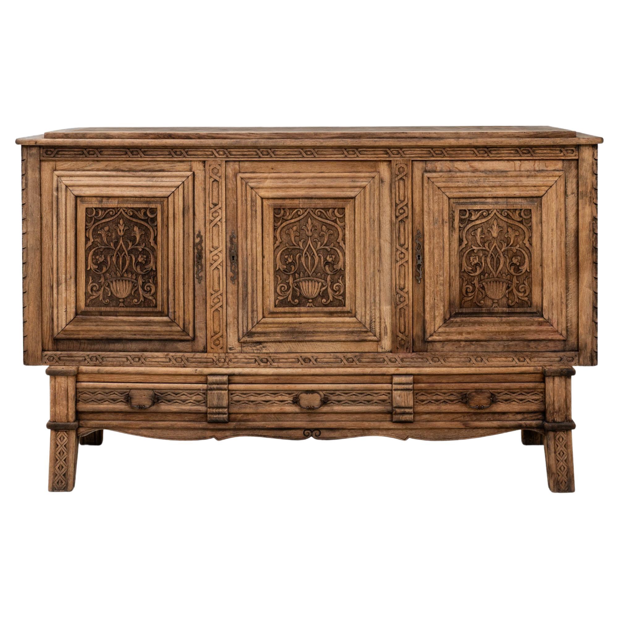 1970s French Gothic Revival Carved Oak Sideboard For Sale