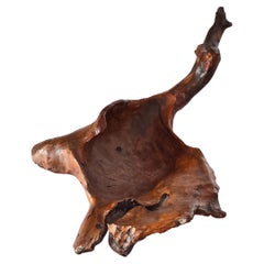 1970s French Hand-Carved Wooden Basket – Decorative Patinated Centerpiece