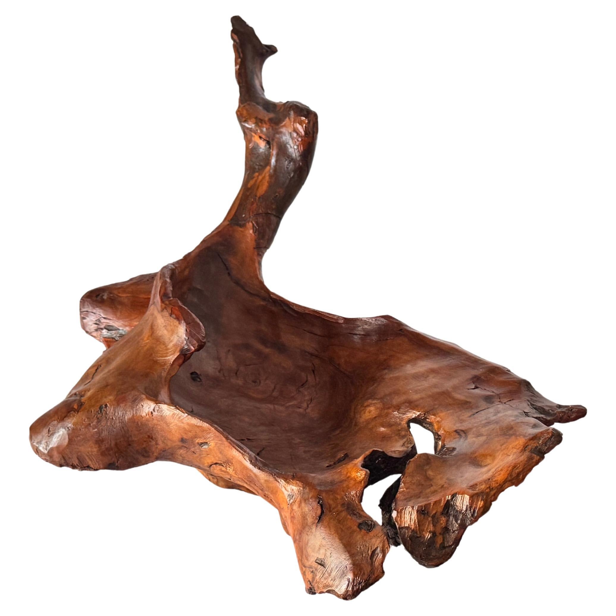 Panier en bois sculpté à la main dans les années 1970 - Centre de table décoratif patiné