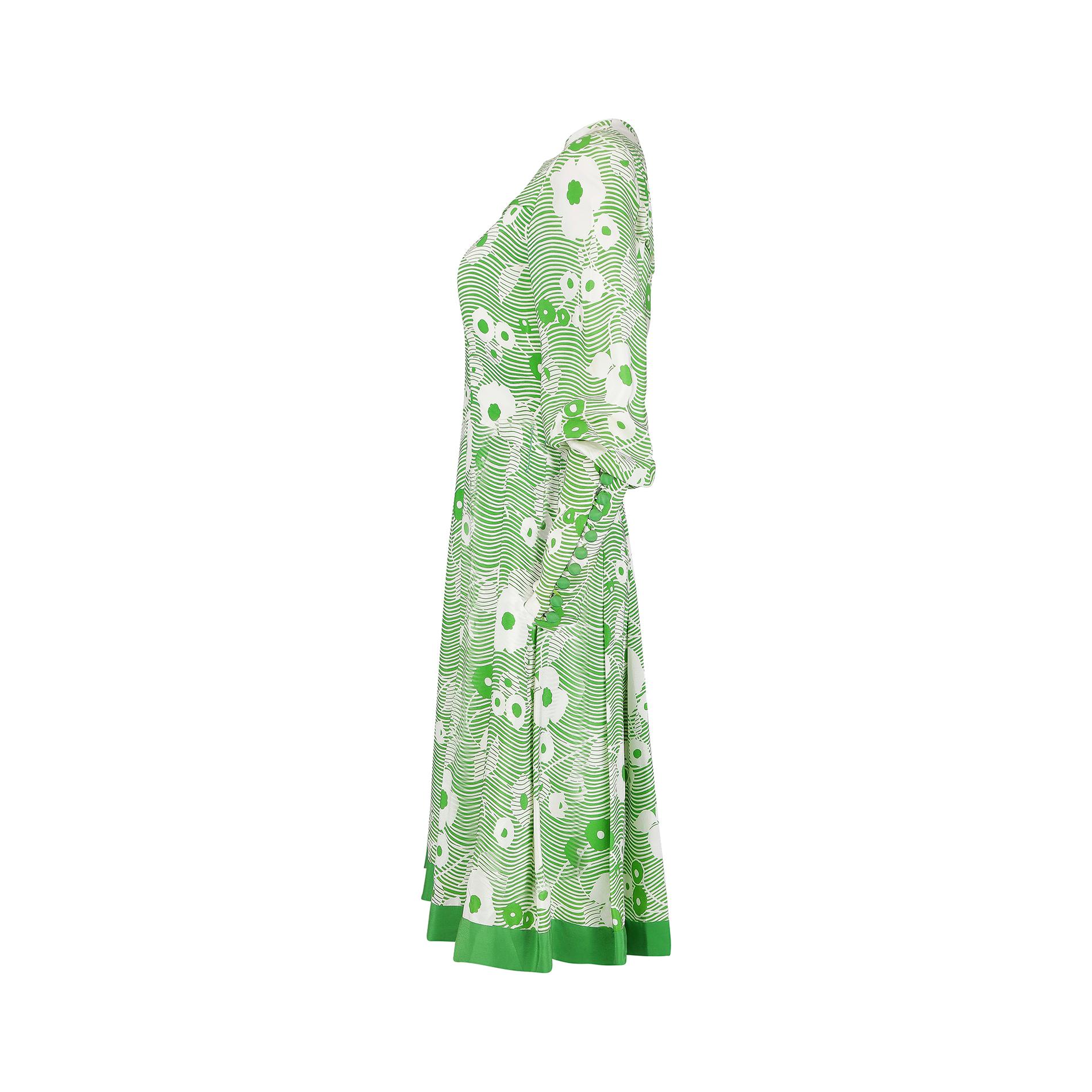 1970s French Haute Couture Green and White Floral Dress  In Excellent Condition For Sale In London, GB