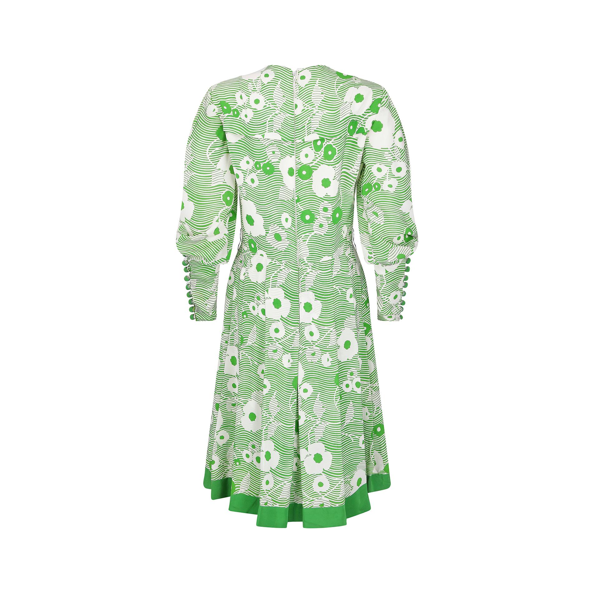 Women's 1970s French Haute Couture Green and White Floral Dress  For Sale