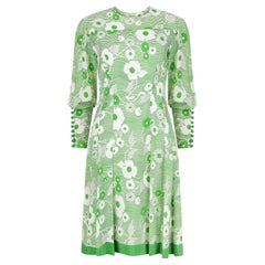 Vintage 1970s French Haute Couture Green and White Floral Dress 