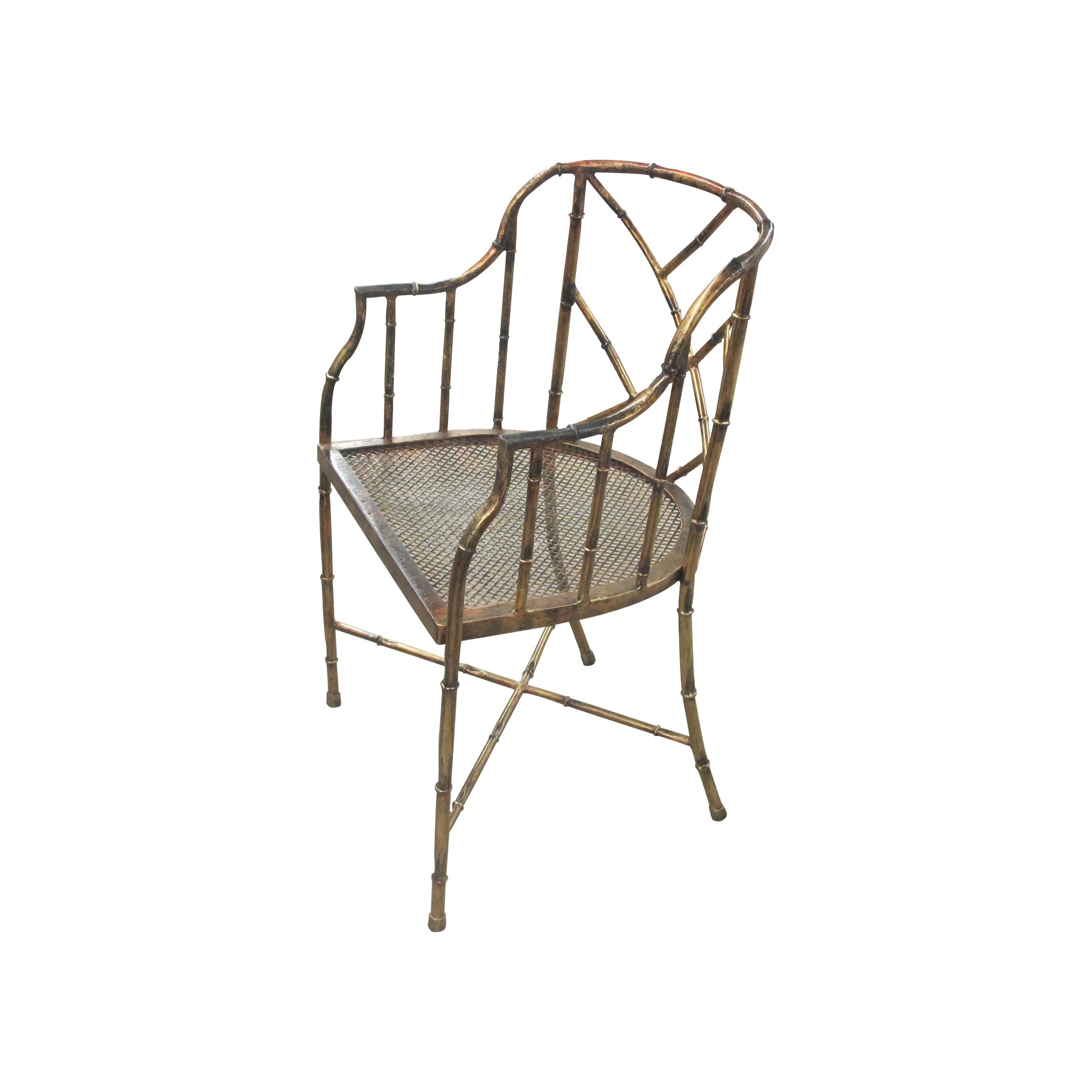 1970s French Hollywood Regency Bronzed Metal Faux Bamboo Occasional Armchair In Good Condition In London, GB