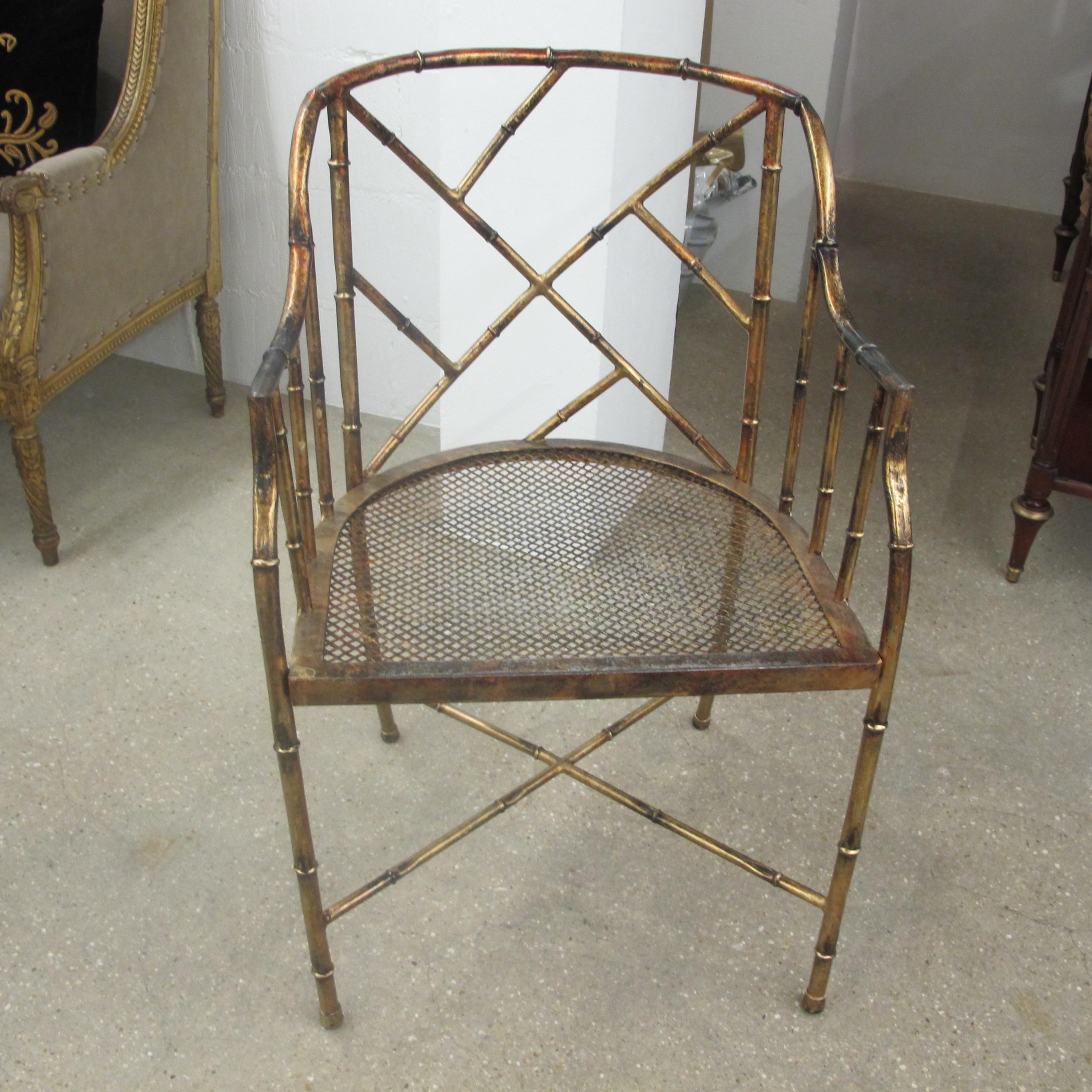 1970s French Hollywood Regency Bronzed Metal Faux Bamboo Occasional Armchair 2