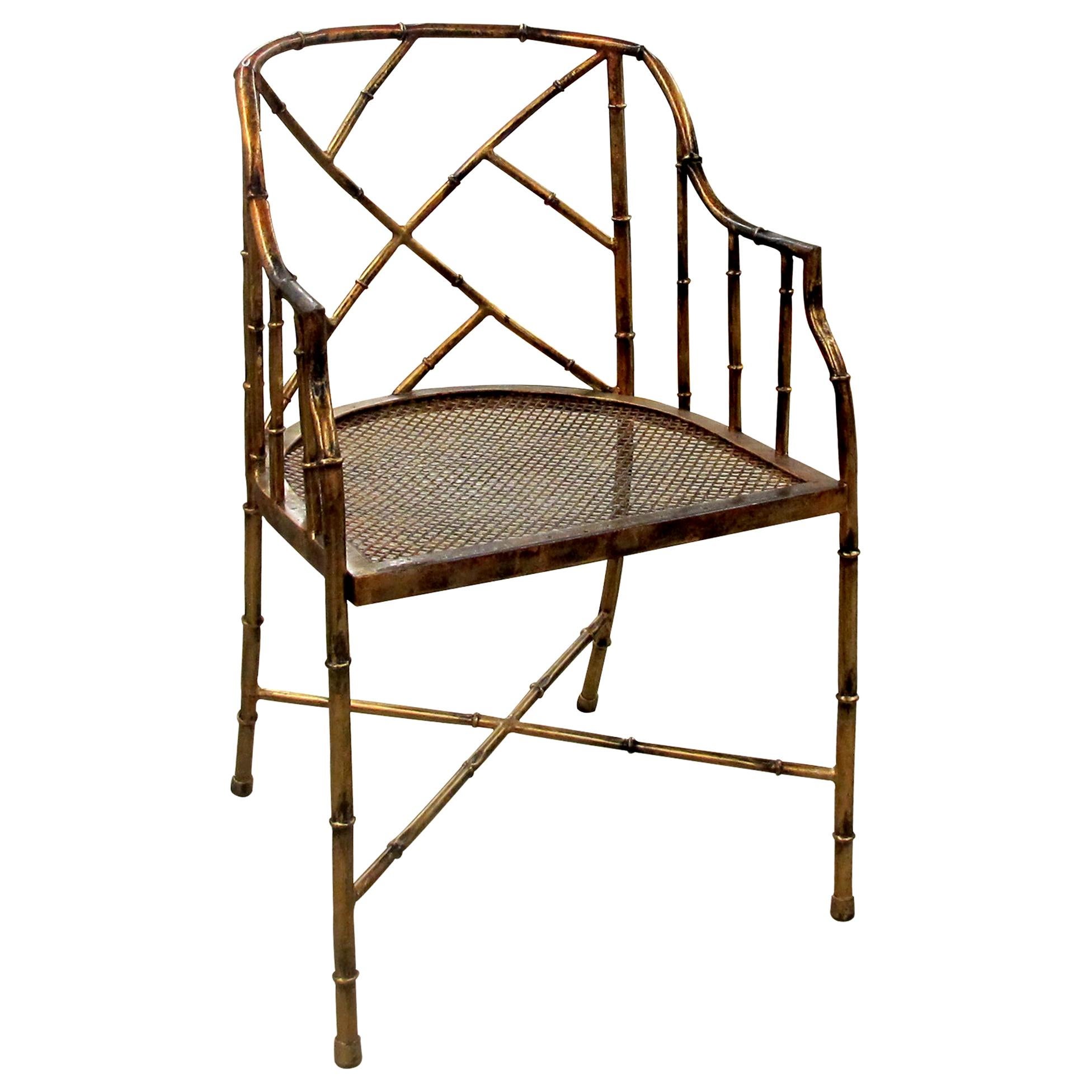 1970s French Hollywood Regency Bronzed Metal Faux Bamboo Occasional Armchair