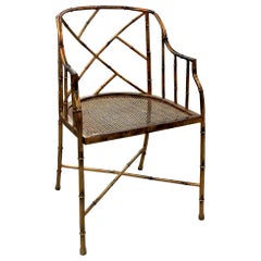 1970s French Hollywood Regency Bronzed Metal Faux Bamboo Occasional Armchair