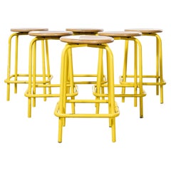 1970's French Industrial Yellow High Stools, Set of Six