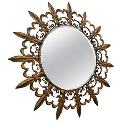 1970s French Iron Golden Sun Mirror with Fleur-de-lis Shaped Bursts