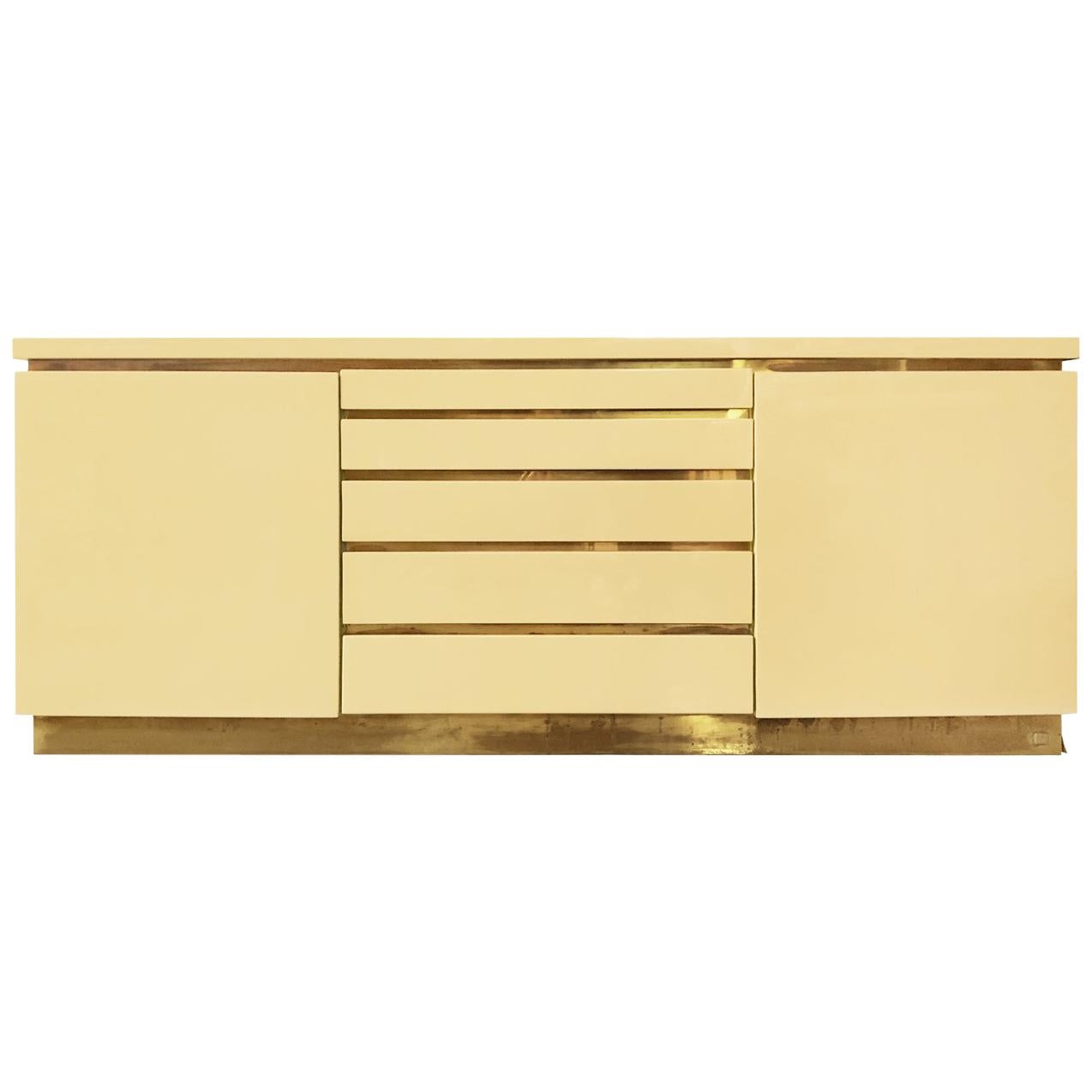 1970s, French, Ivory Lacquer Sideboard with Brass Details by Jean Claude Mahey For Sale