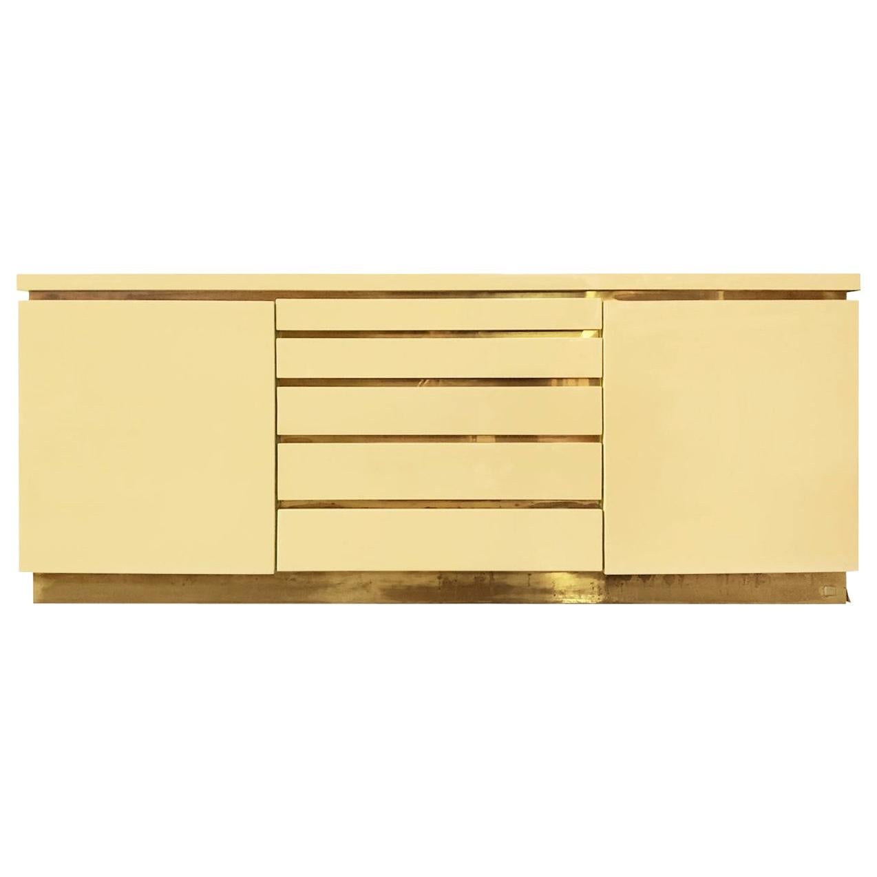 1970s, French, Ivory Lacquer Sideboard with Brass Details by Jean Claude Mahey For Sale