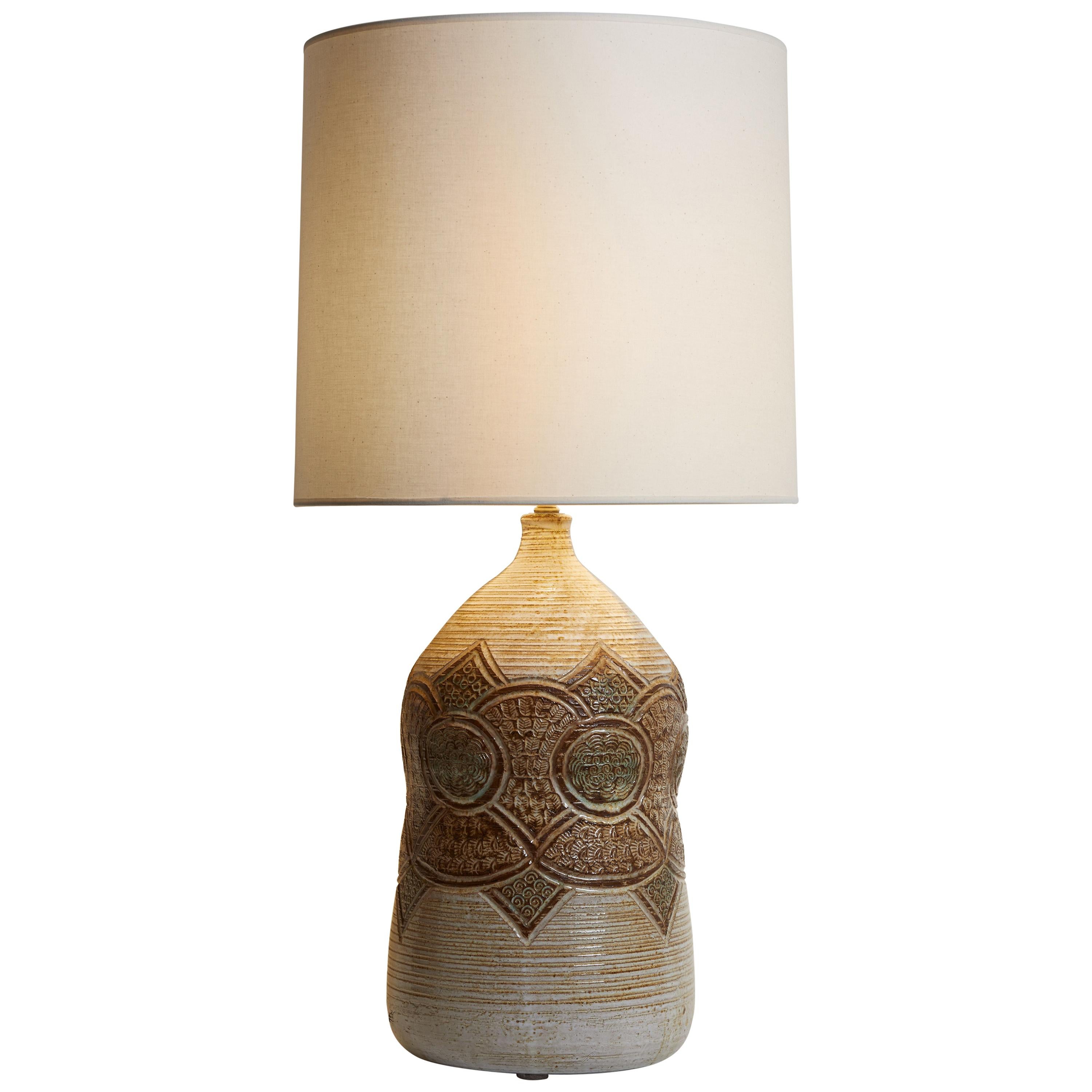 1970s French Ivory Pottery Lamp with Brown & Green Accents and Custom Lampshade