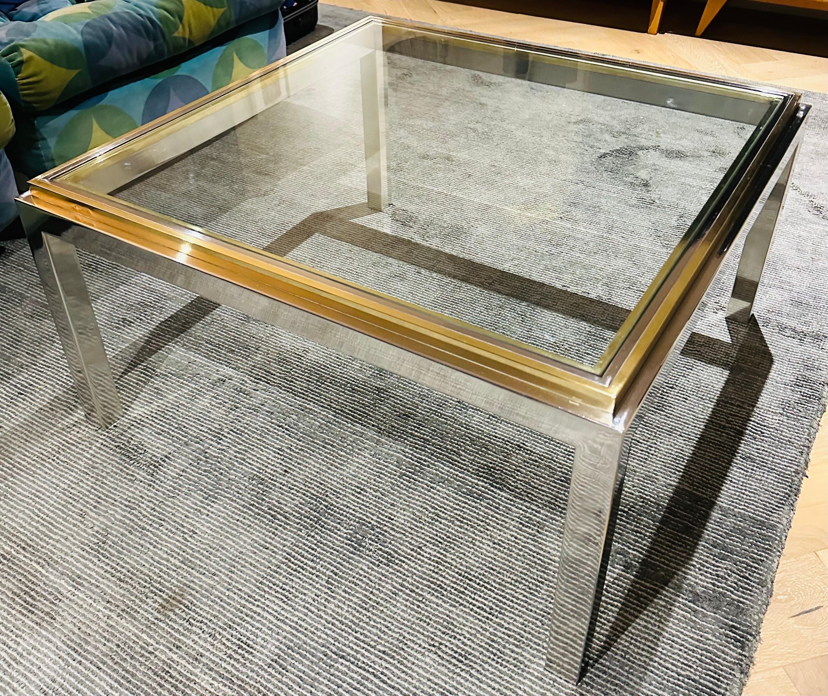 1970s French Jean Charles Brass Chrome & Clear Glass Square Coffee Table In Good Condition For Sale In London, GB