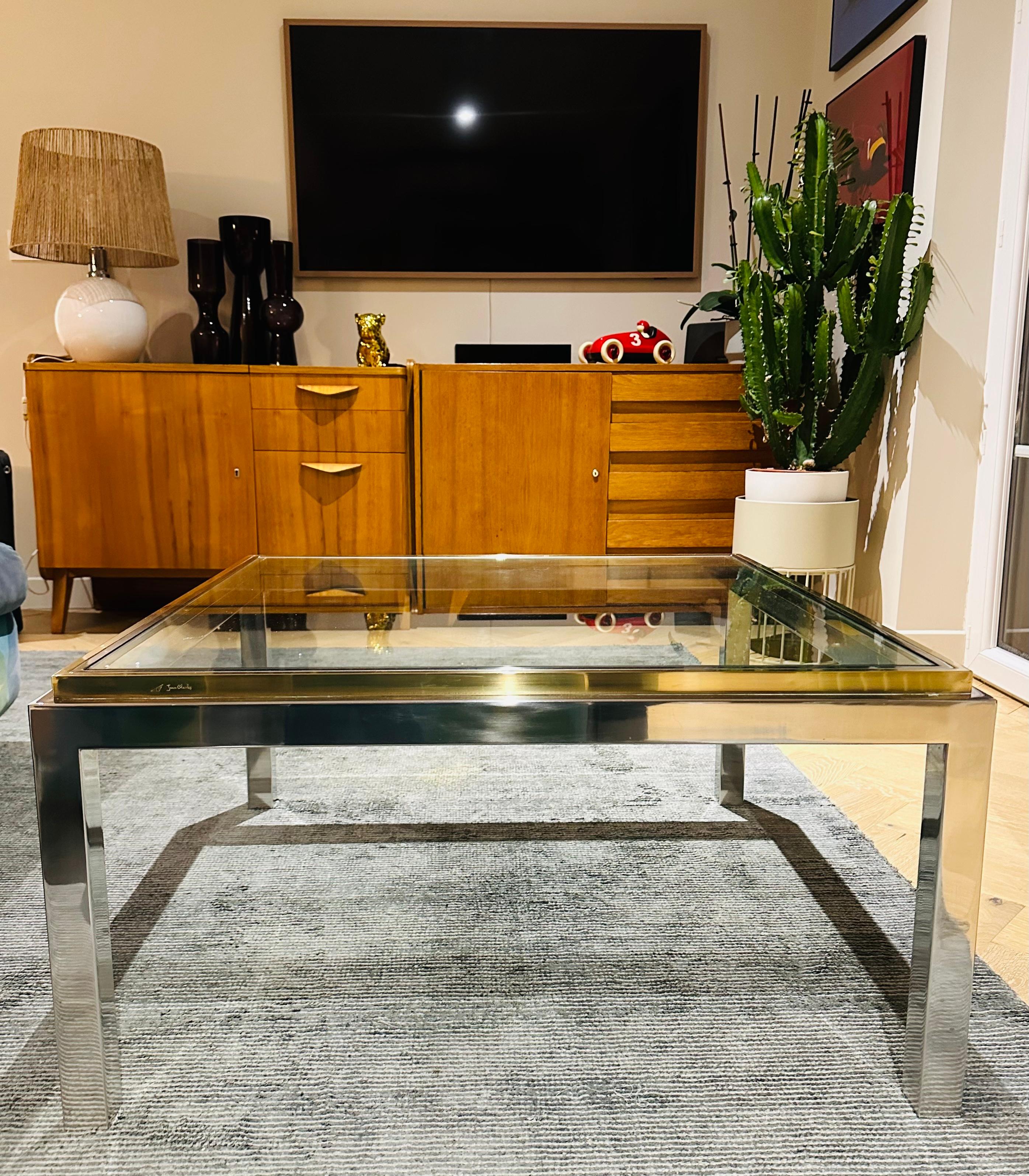 20th Century 1970s French Jean Charles Brass Chrome & Clear Glass Square Coffee Table For Sale