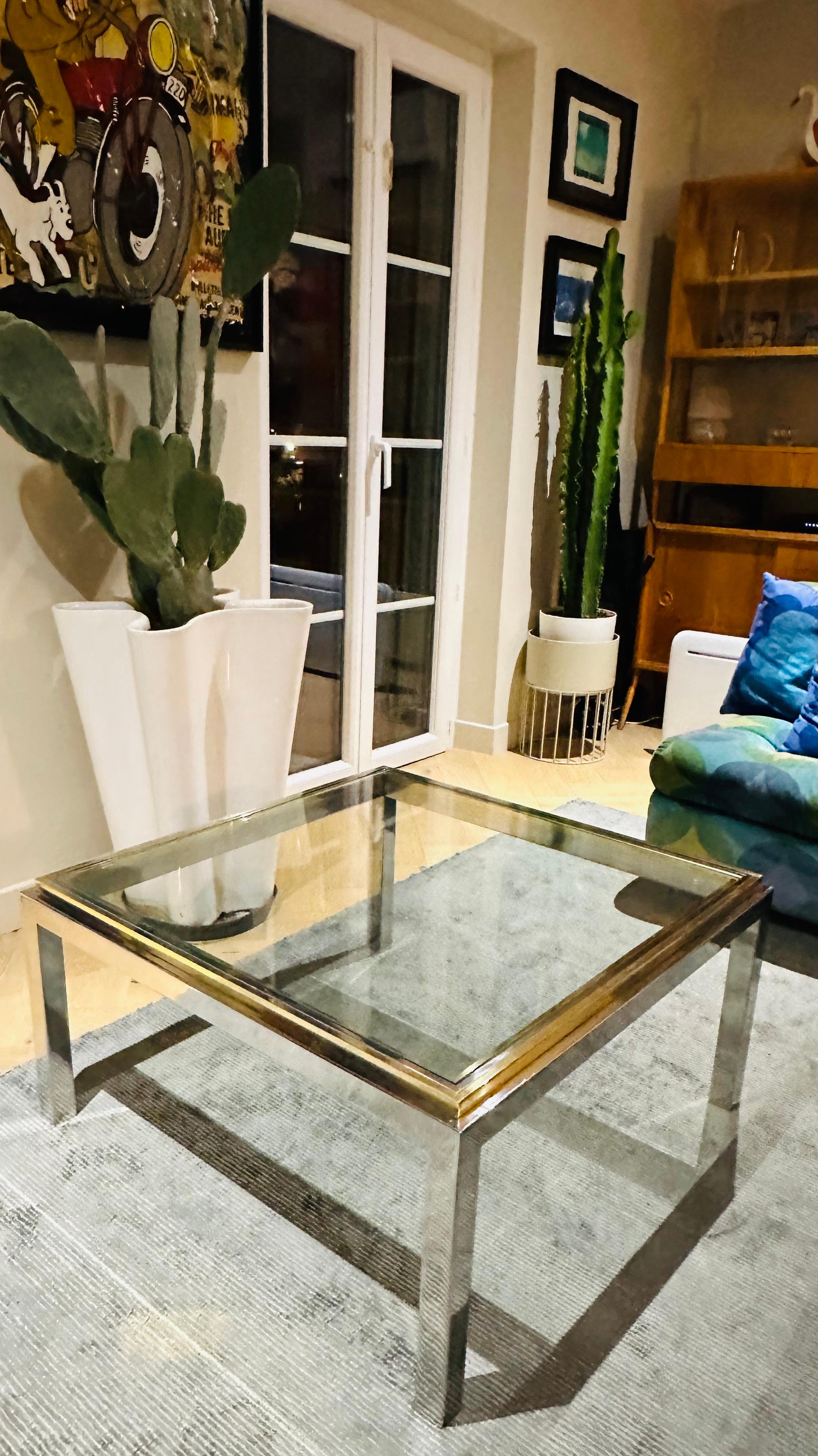 1970s French Jean Charles Brass Chrome & Clear Glass Square Coffee Table 3