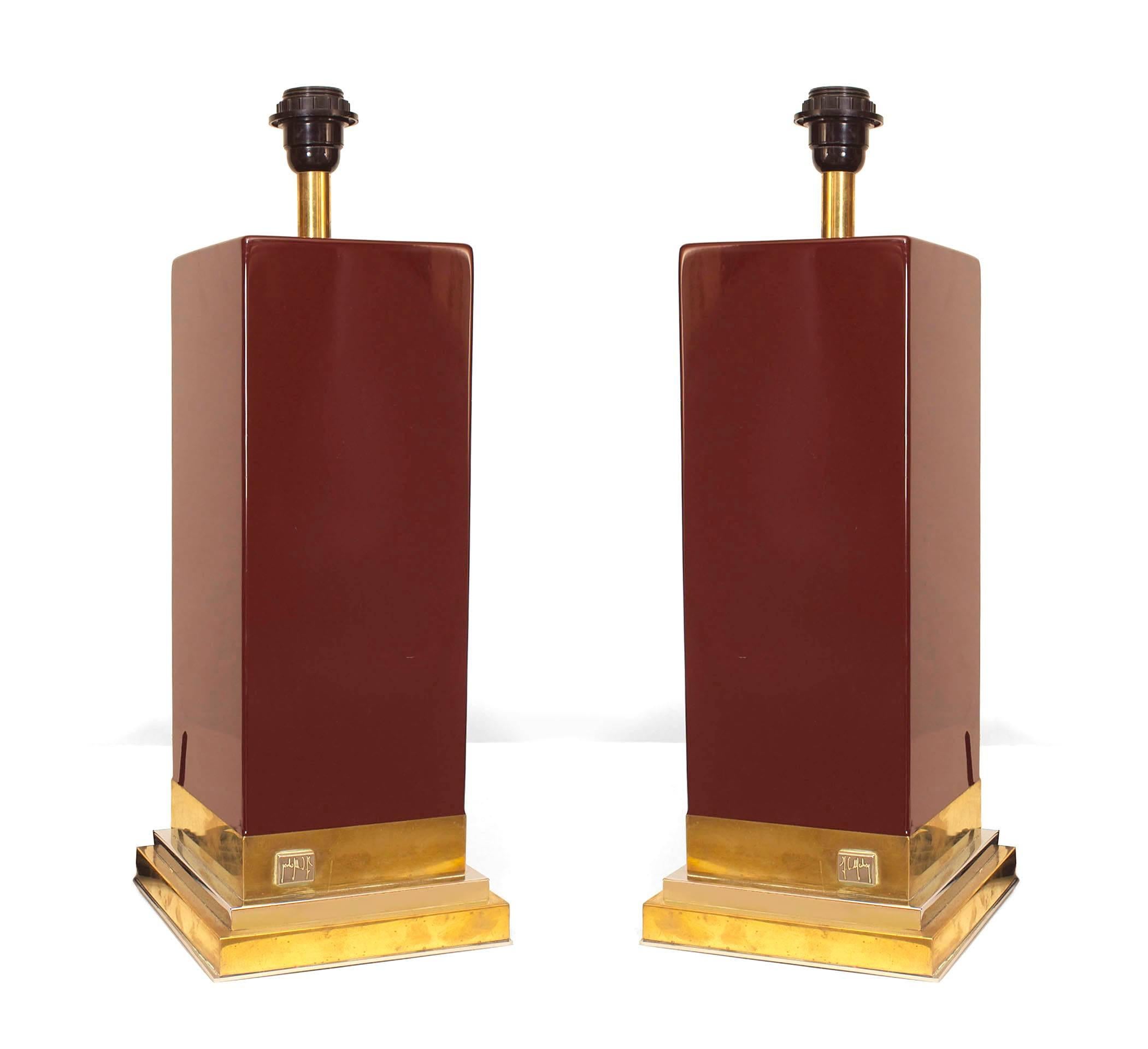 Pair of Post-War Design dark maroon lacquer lamps on a square chrome and brass stepped up base. (signed: J. C. MAHEY) (PRICED AS Pair).
