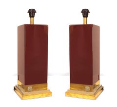 Pair of French Post-War Mahey Maroon Lacquer Table Lamps