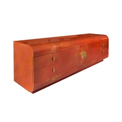 1970s Mastercraft Lacquered Chinoiserie Credenza with Brass Details