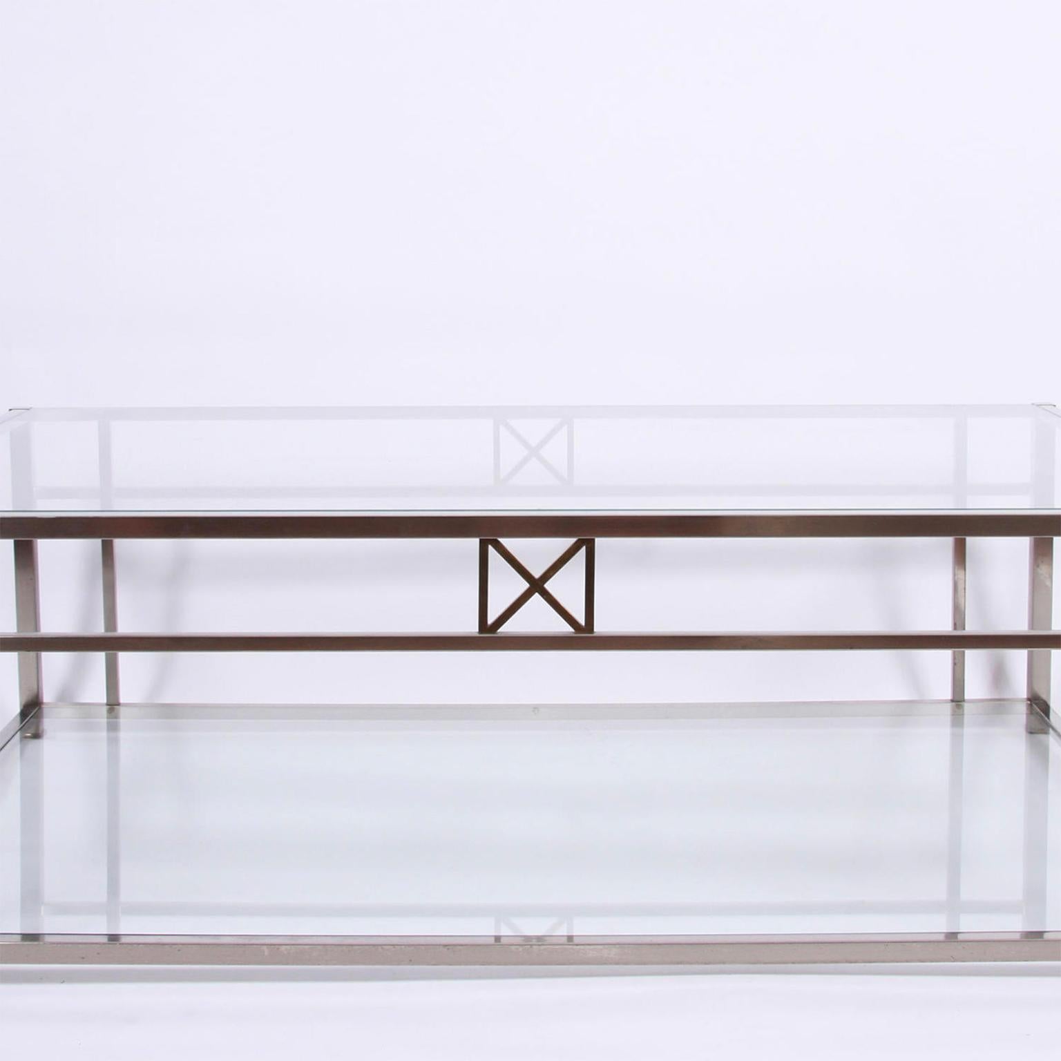 1970s French Large Glass and Chrome Coffee Table with Cross Design In Good Condition For Sale In London, GB