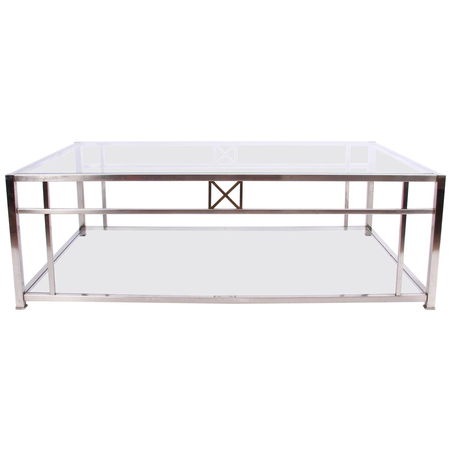 1970s French Large Glass and Chrome Coffee Table with Cross Design For Sale