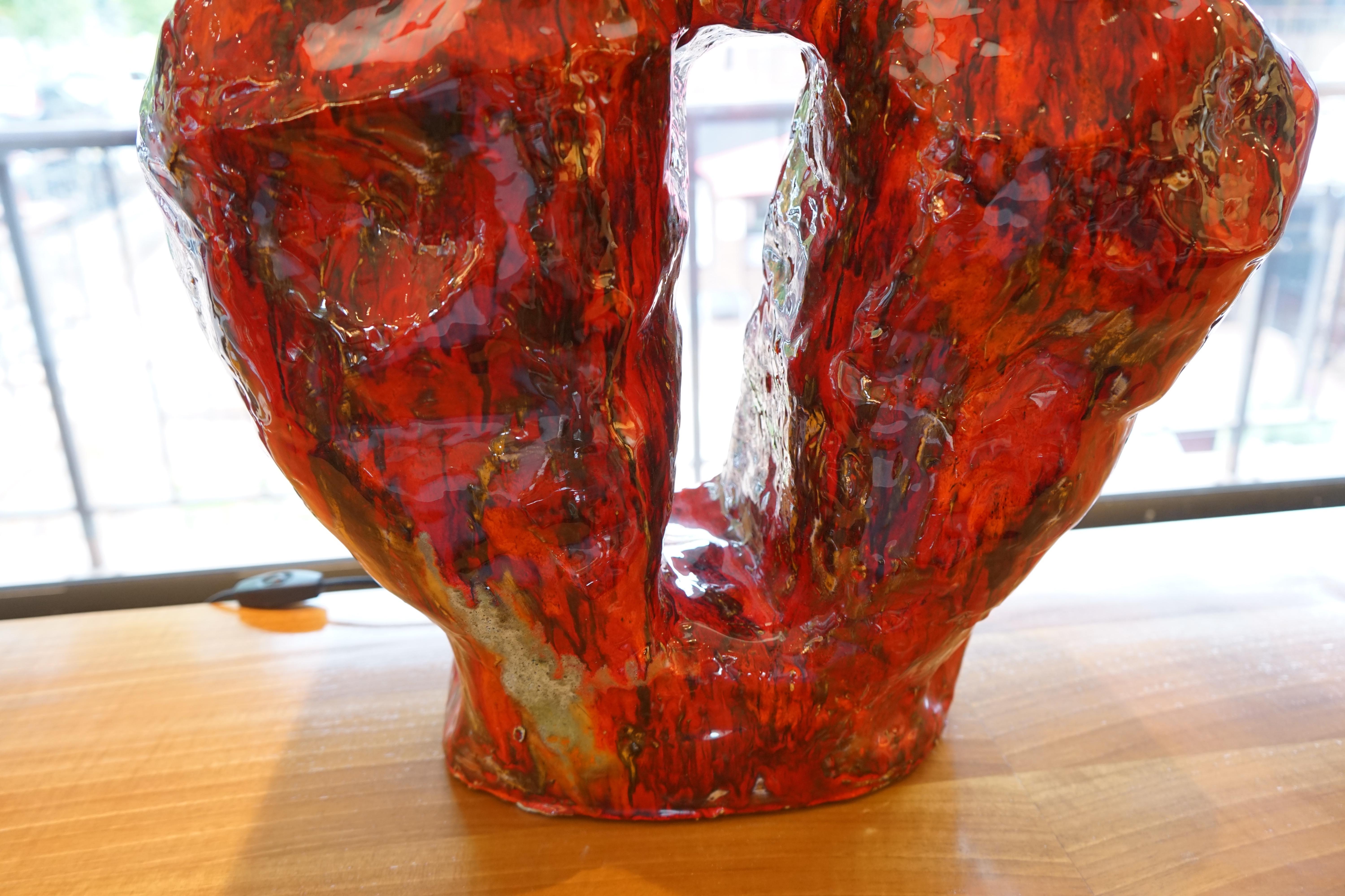 1970s French Large Scale Freeform Red Pottery Lamp 2