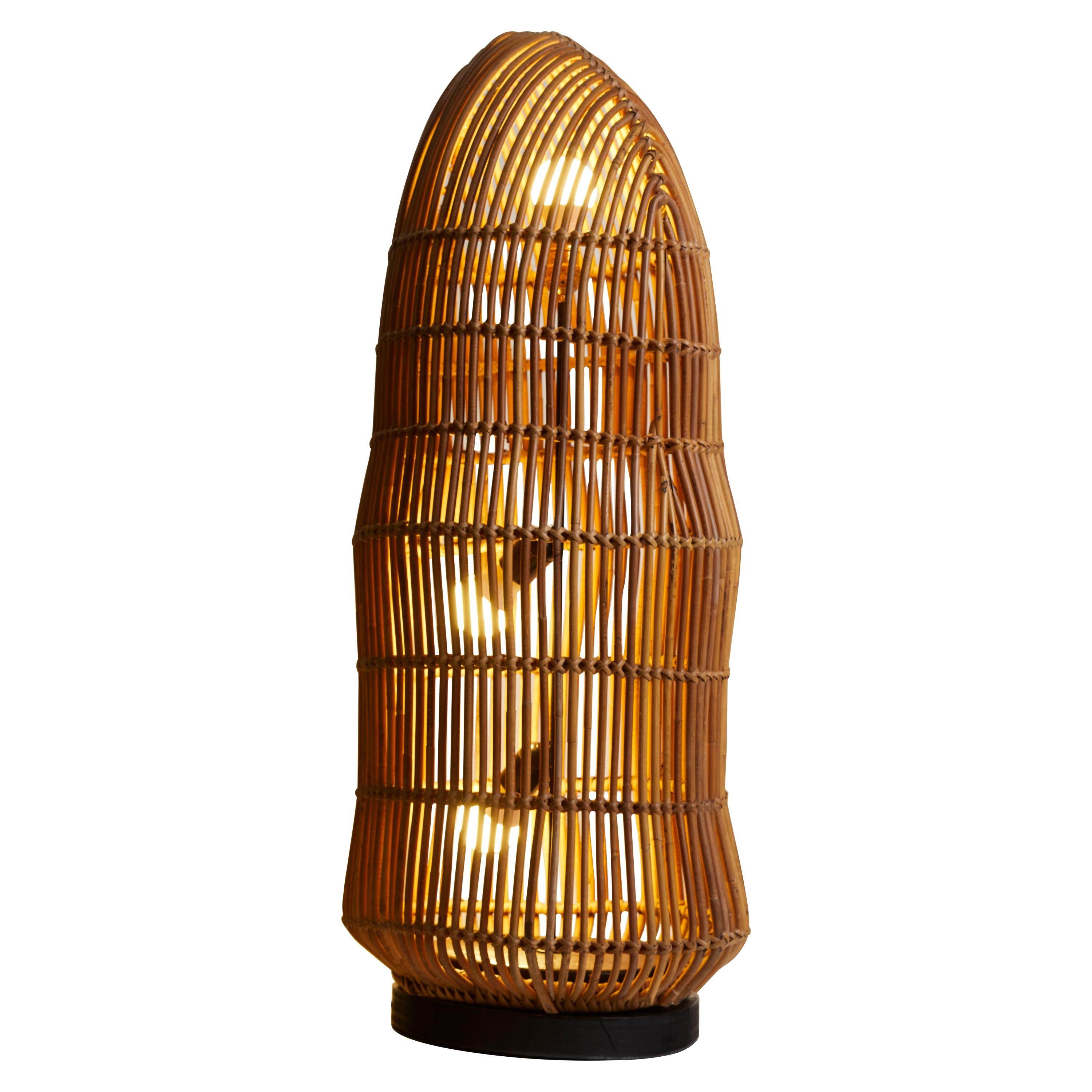 1970s French Large Scale Rattan Table Lamp