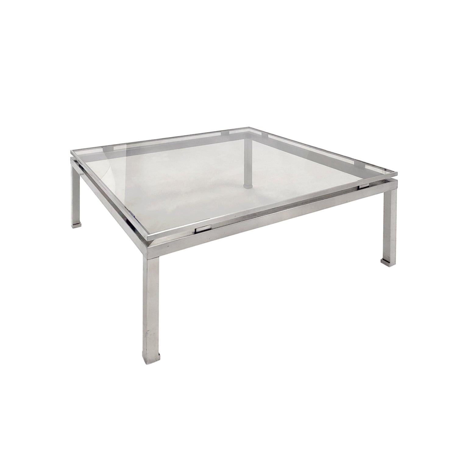 Large square brushed nickel coffee table by Guy Lefevre, France, 1970s.
 