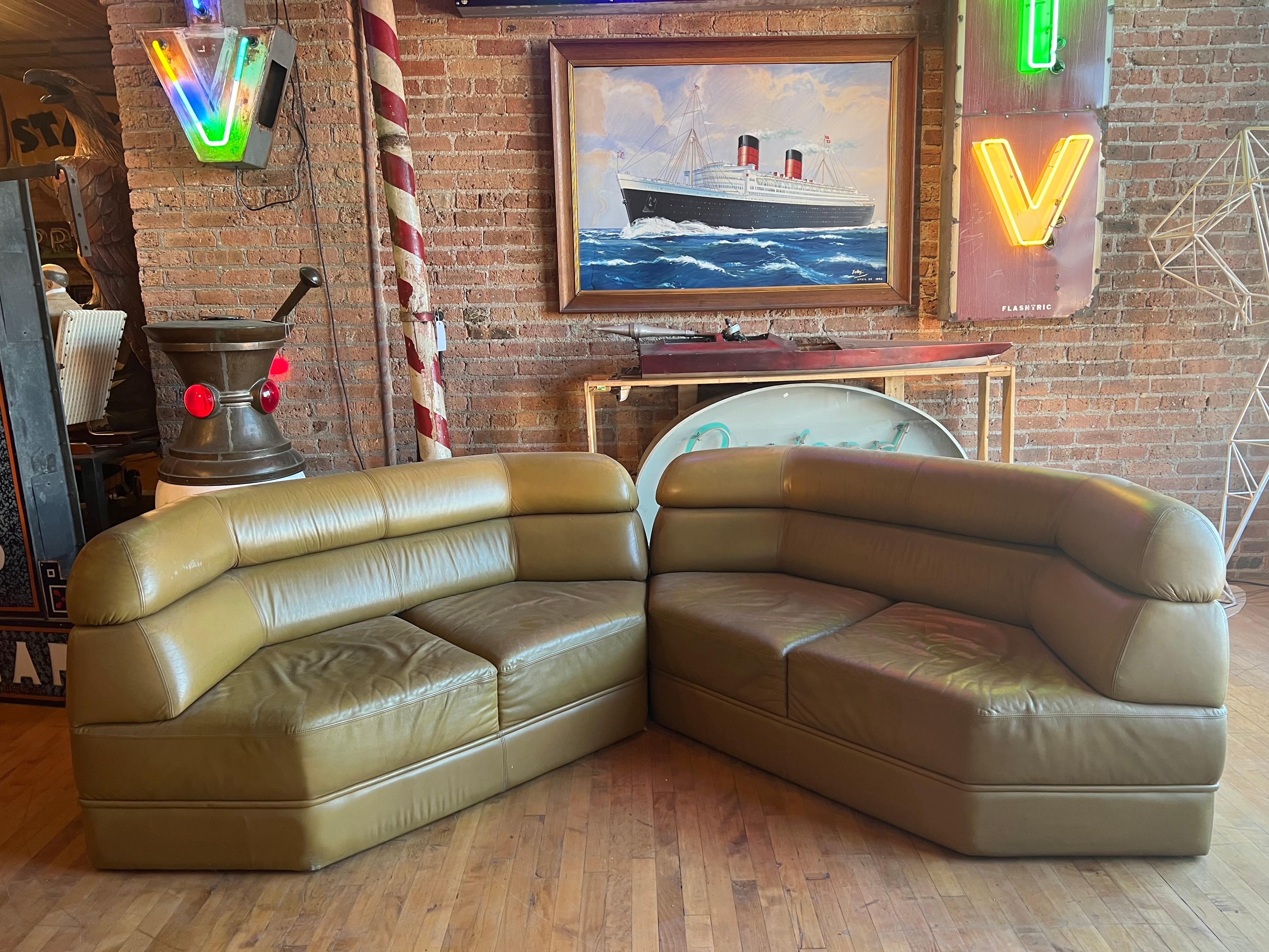Postmodern French leather sofa. 4 Matching sofas available.