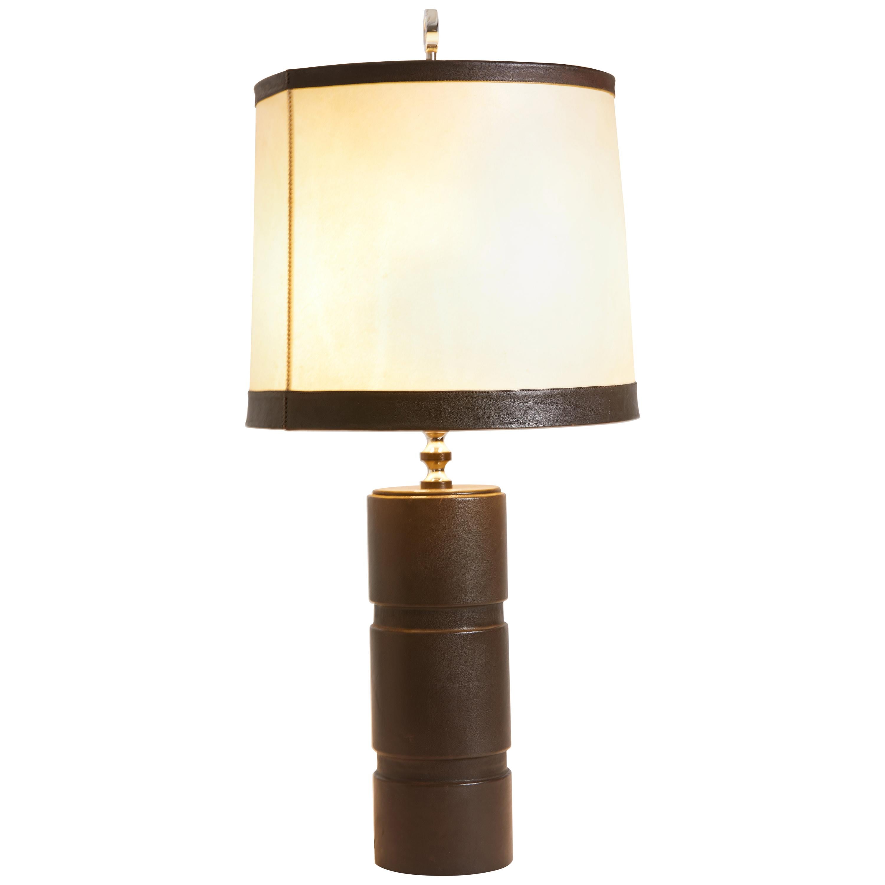 1970s French Leather Table Lamp with Chocolate Brown