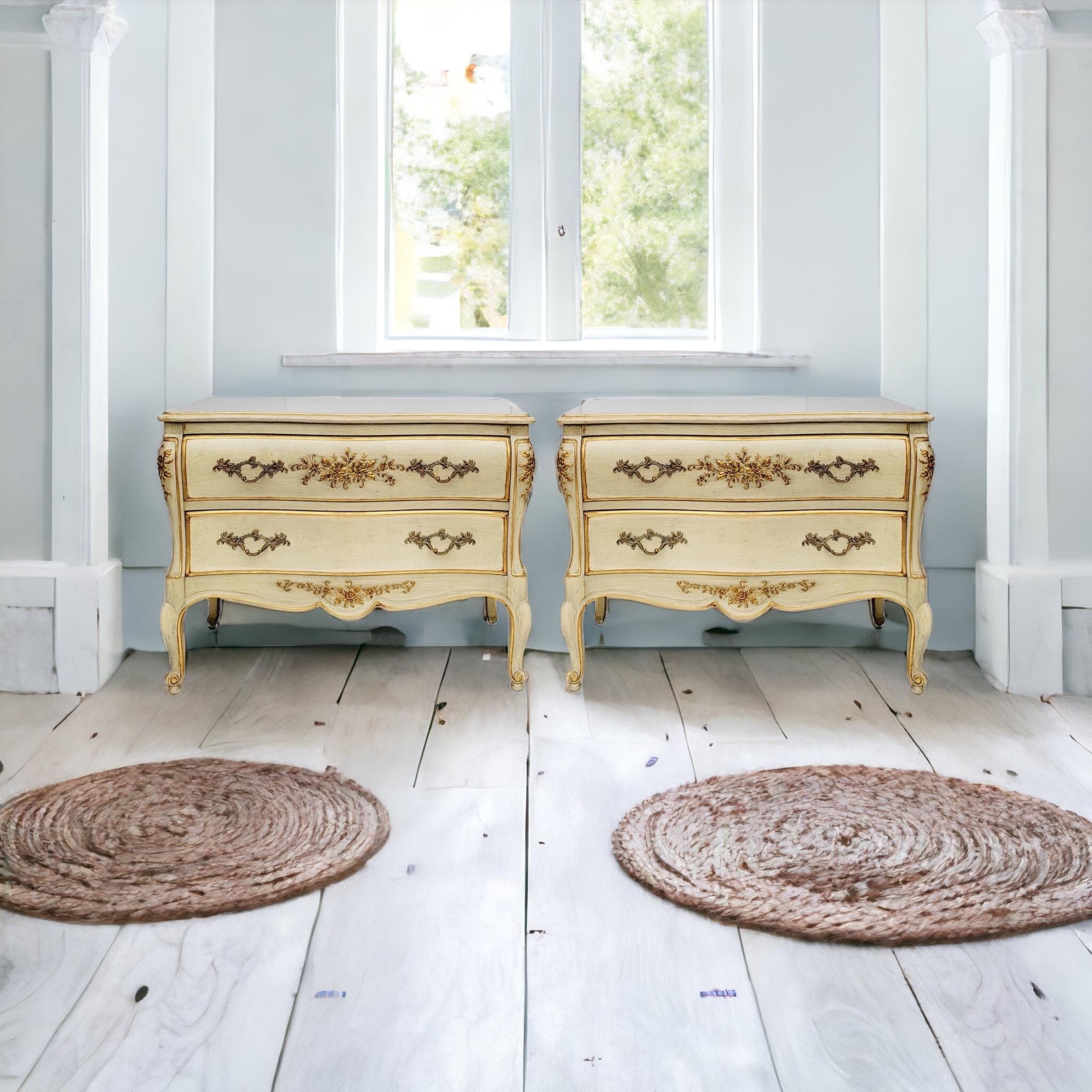 This is a pair of French Louis XV style painted commodes by Dixon out of Florida. They are ivory with gilt accents. The two drawers have dovetail construction. They are marked.
