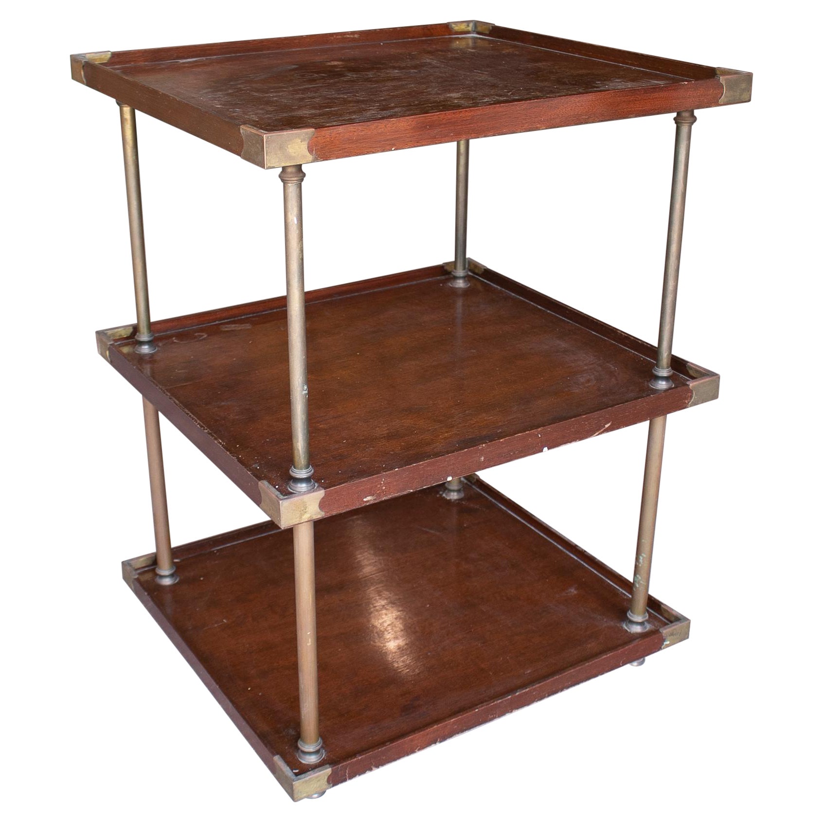 1970s French Mahogany 
Bronze 3-Shelf Floor Magazine Rack