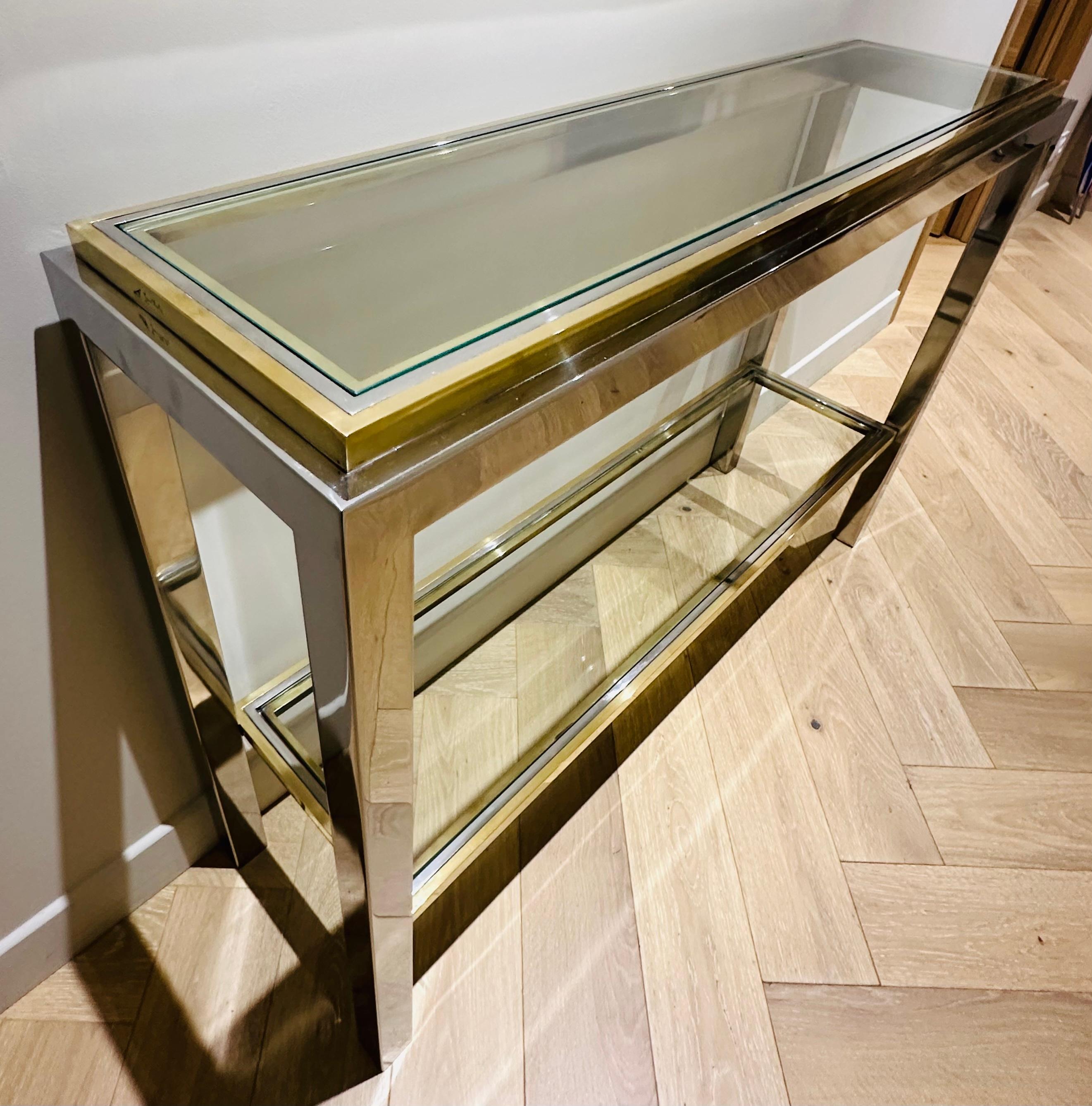 1970s French Maison Jean Charles Brass Chrome & Clear Glass Slim Console Table 5