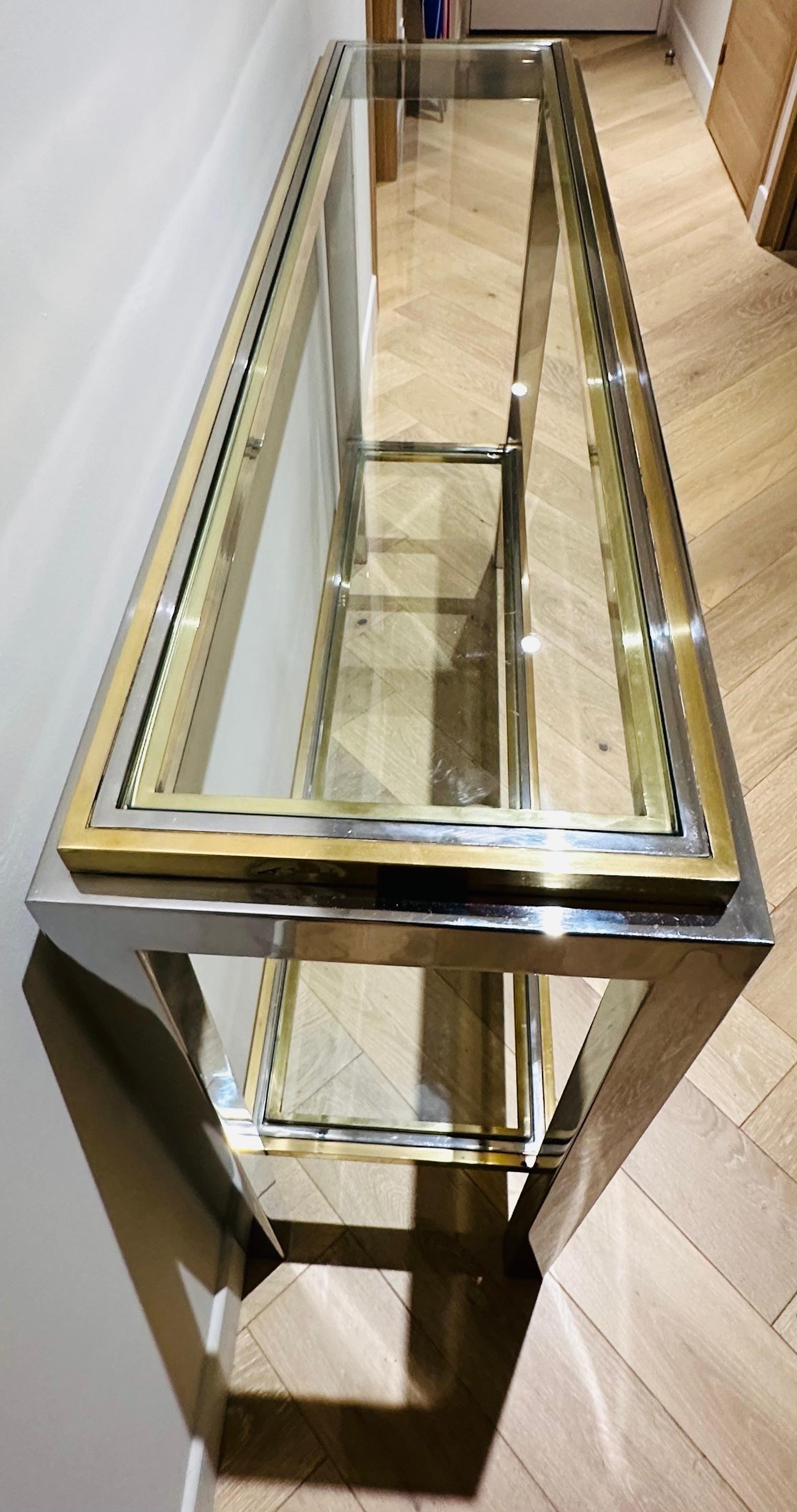 1970s French Maison Jean Charles Brass Chrome & Clear Glass Slim Console Table 6