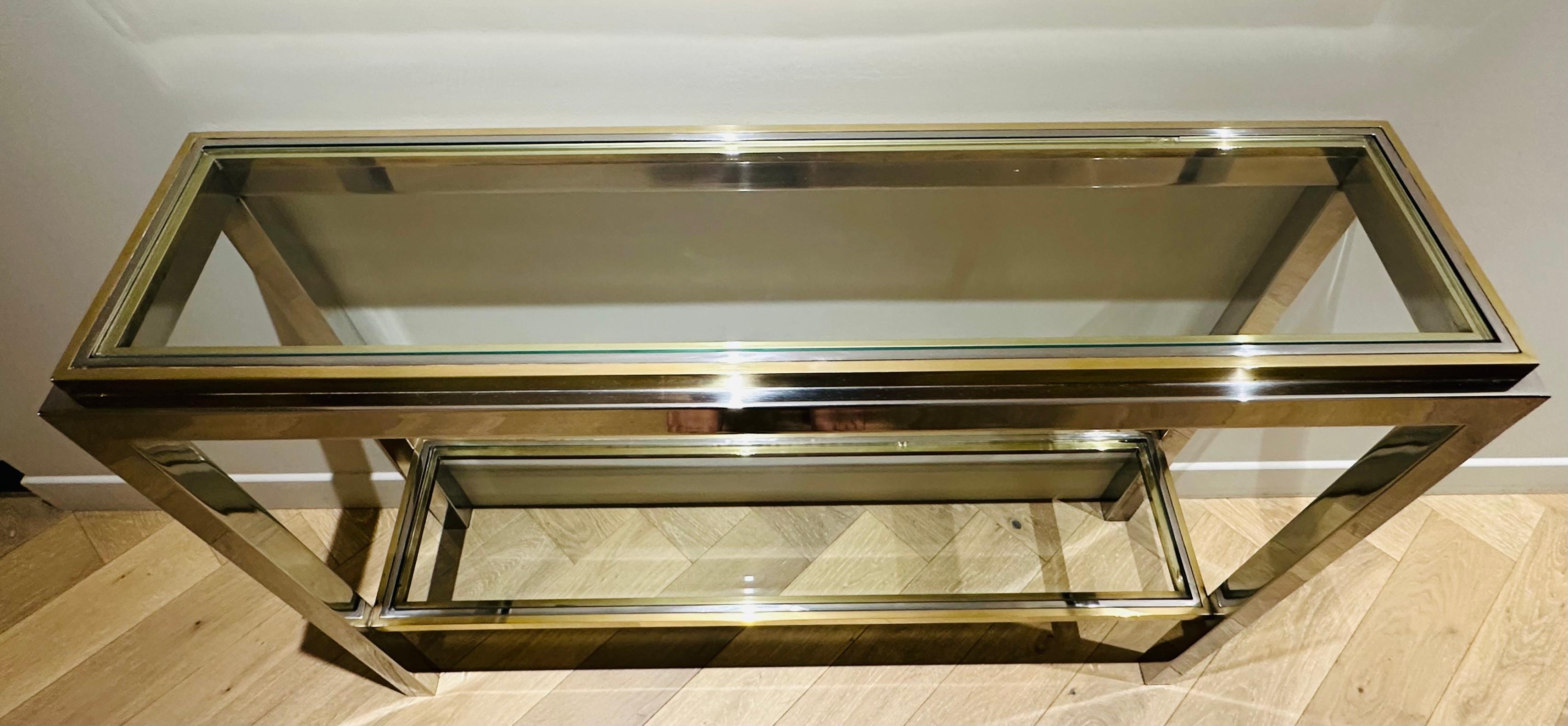 1970s French Maison Jean Charles Brass Chrome & Clear Glass Slim Console Table 12