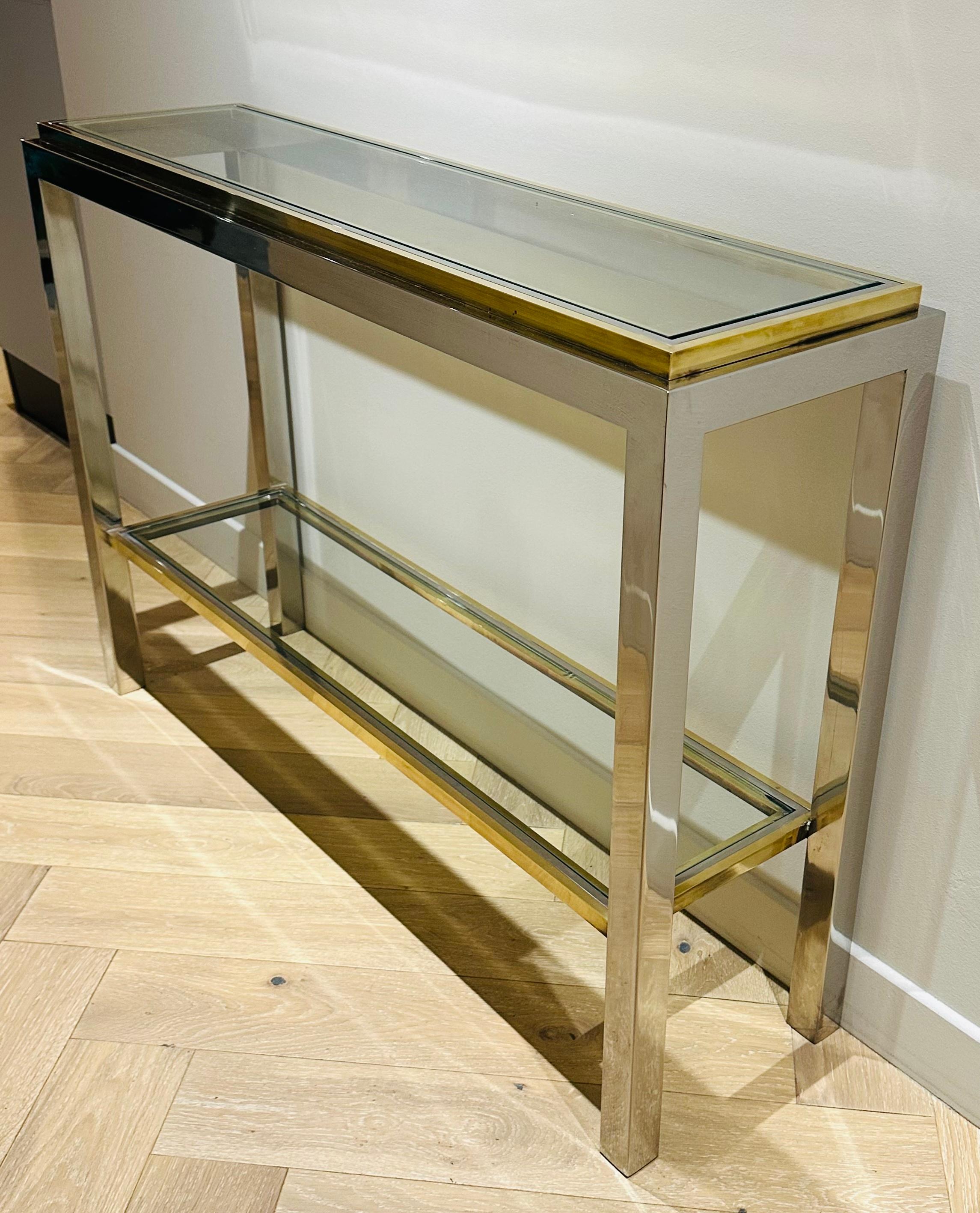 Polished 1970s French Maison Jean Charles Brass Chrome & Clear Glass Slim Console Table