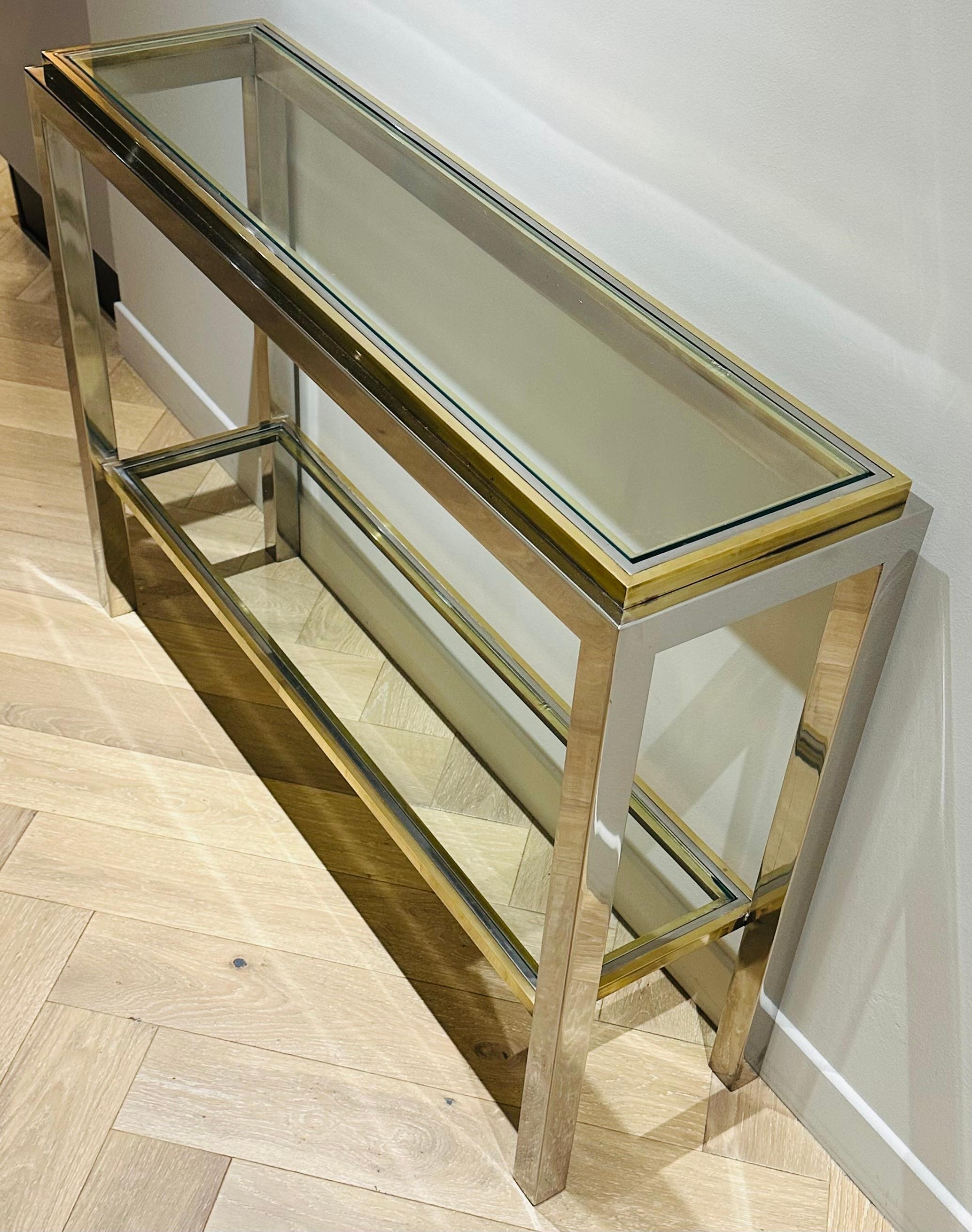 1970s French Maison Jean Charles Brass Chrome & Clear Glass Slim Console Table In Good Condition In London, GB
