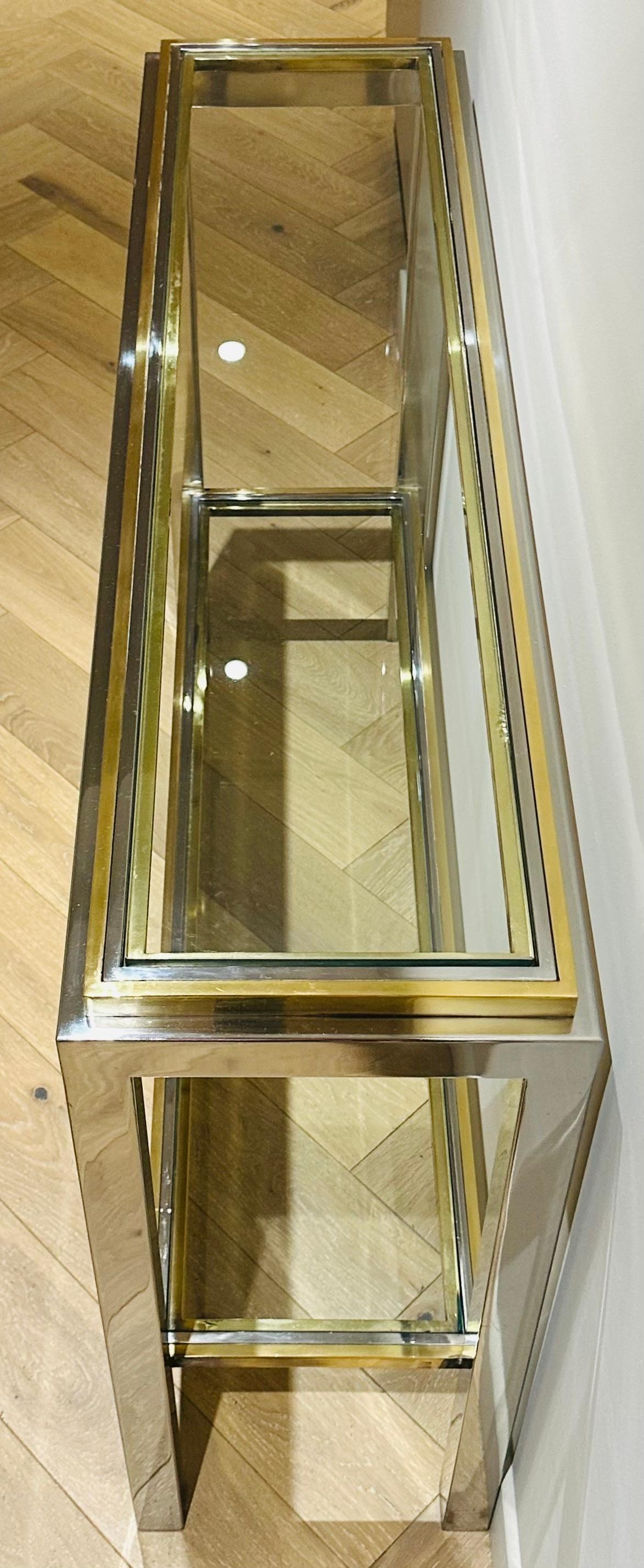 20th Century 1970s French Maison Jean Charles Brass Chrome & Clear Glass Slim Console Table