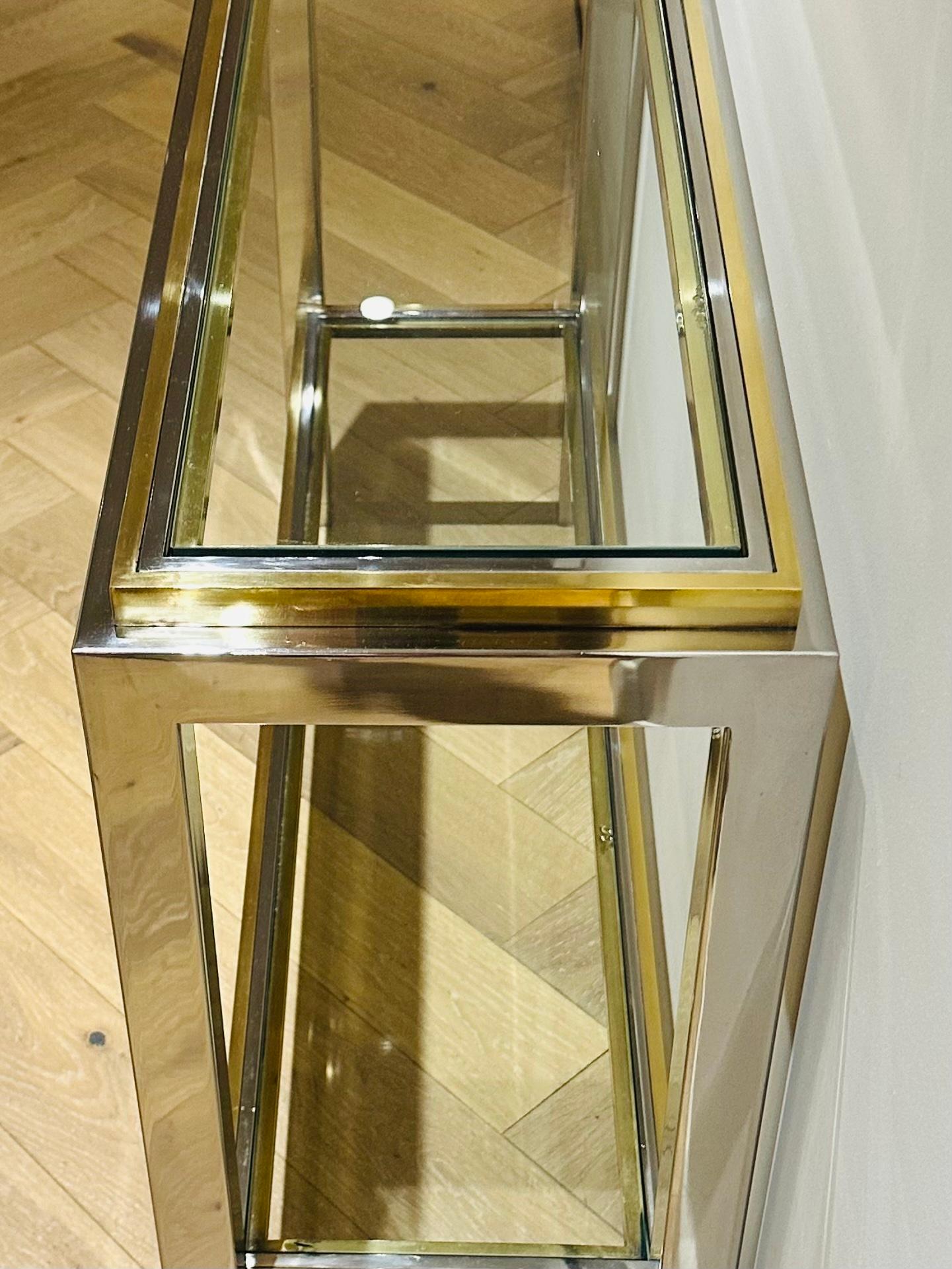1970s French Maison Jean Charles Brass Chrome & Clear Glass Slim Console Table 1