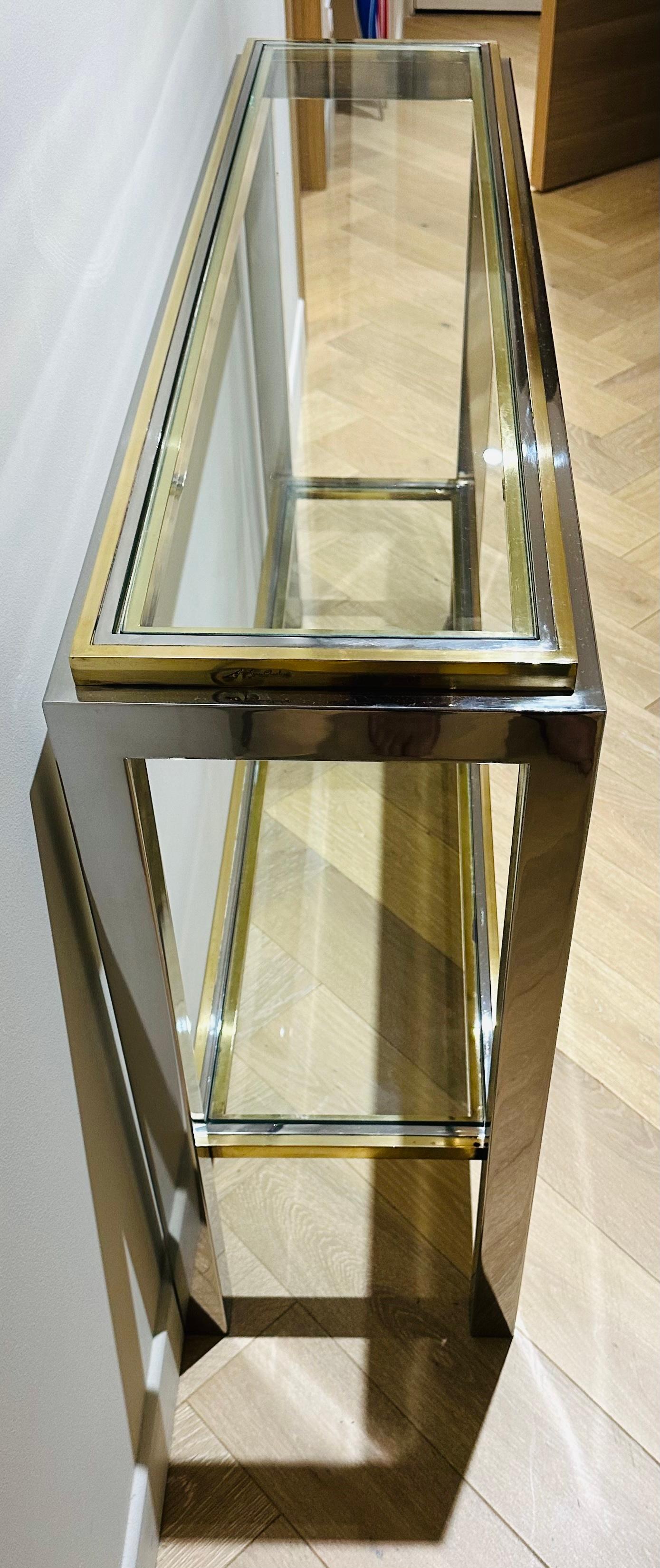 1970s French Maison Jean Charles Brass Chrome & Clear Glass Slim Console Table 2