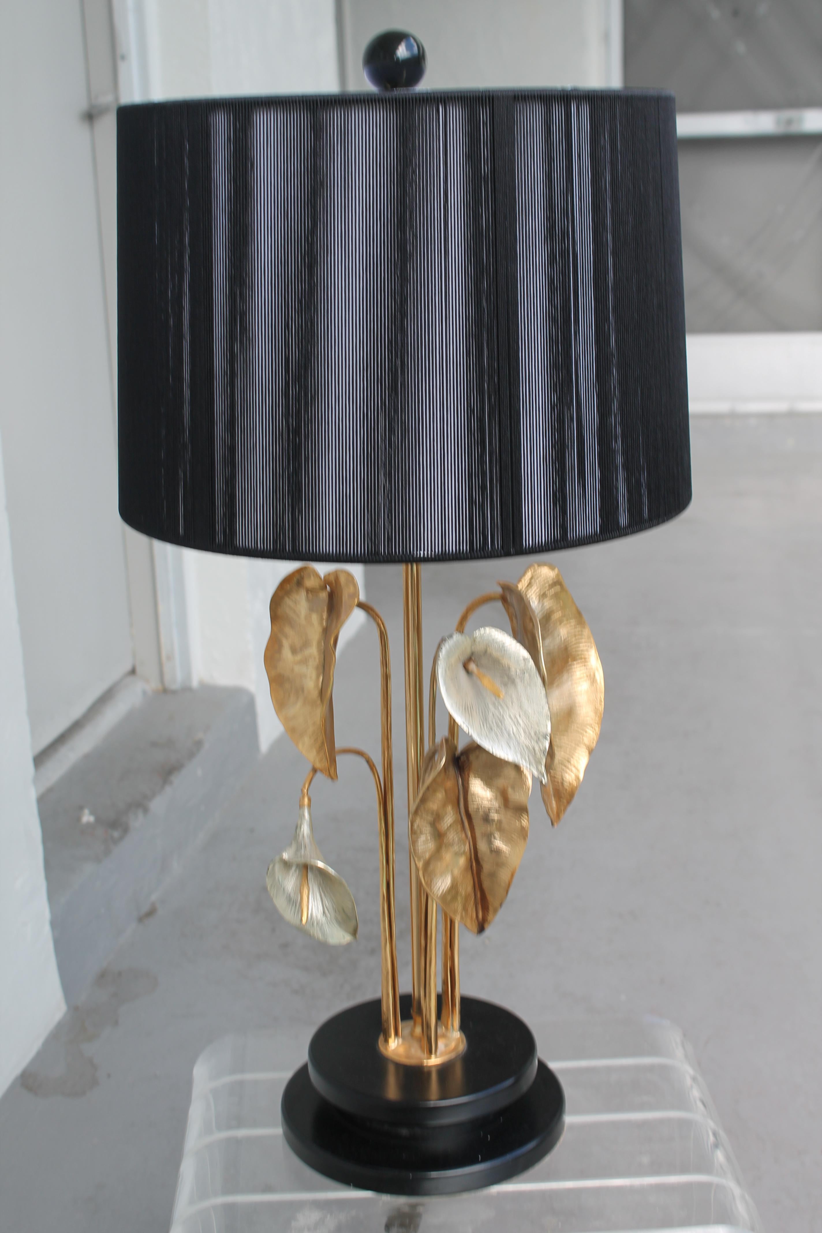 French 1970's Mid Century Modern Nenuphar Bronze Water Lilies Table Lamp attrib. Maison Charles. Beautiful black shade, [new black shade]. Very highly detailed and incredible detail. I purchased this lamp in France as a Chrystiane Charles Lamp but