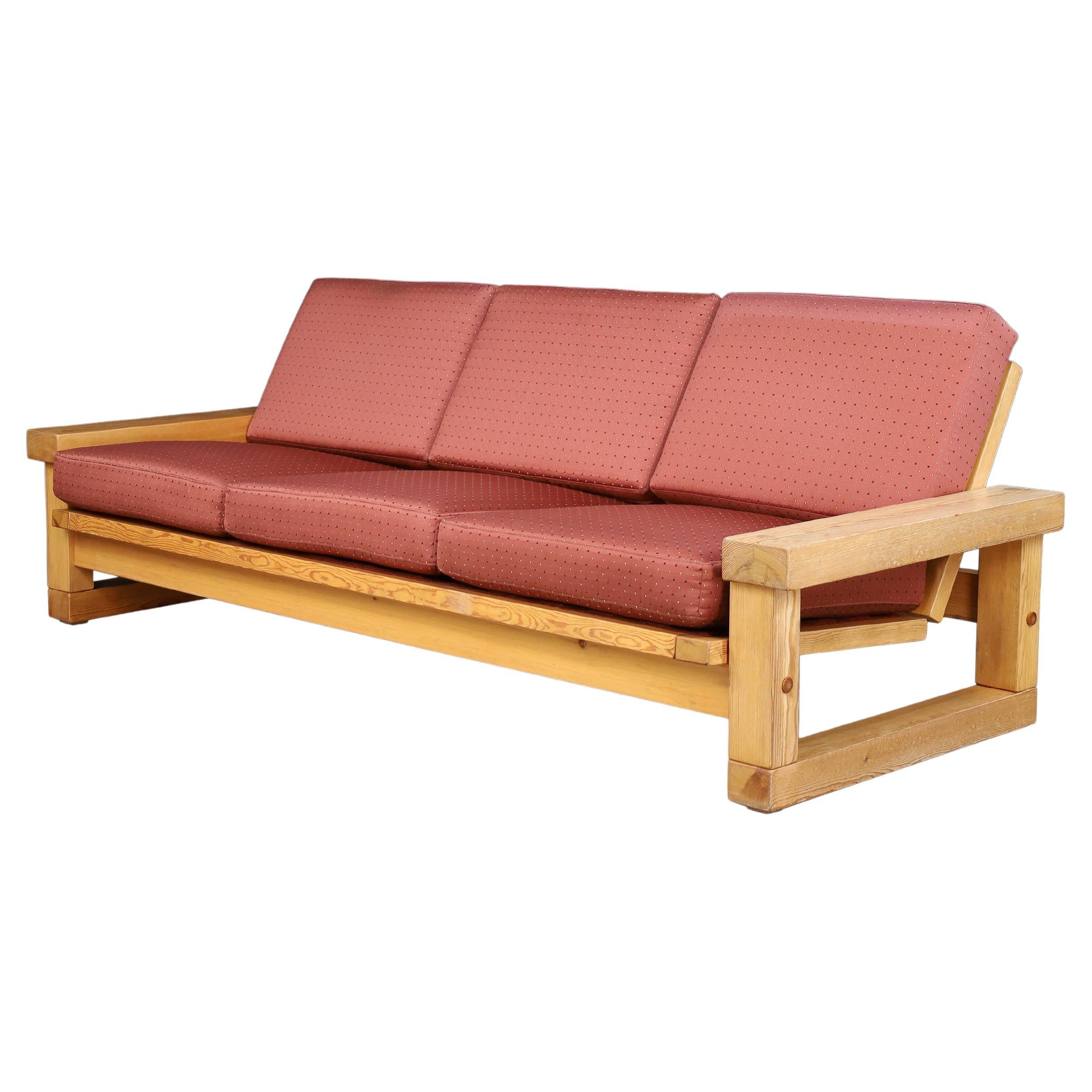 1970s French Mid-Century Modern Solid Pine Sofa with Original Upholstery .