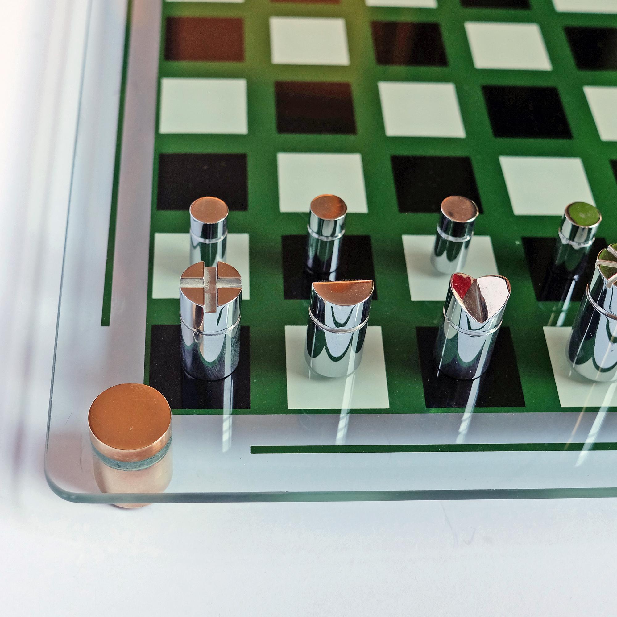 Mid-Century Modern 1970s French Modernist Glass Brass and Chrome Chess Set For Sale
